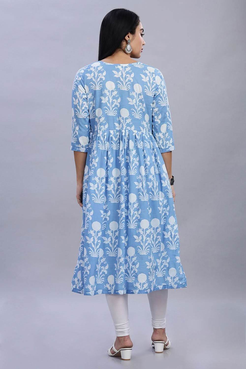 Mythri Office Wear V Neck Cotton Women's Kurthi with 3/4th Sleeves - Blue - KU34 - Naidu Hall Family Store