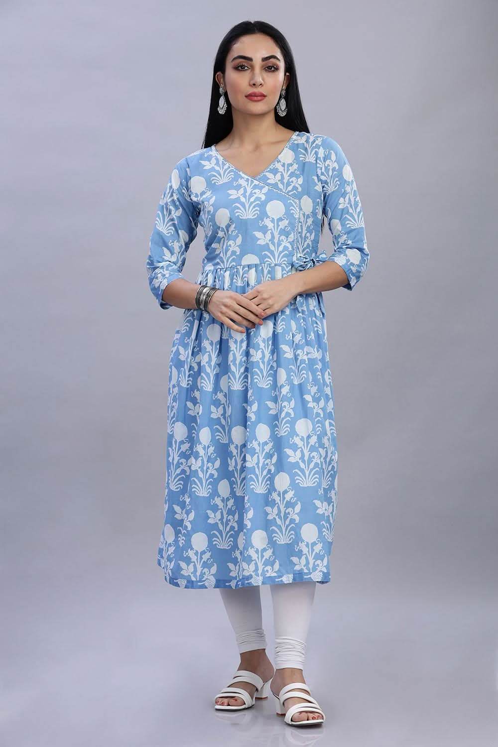 Mythri Office Wear V Neck Cotton Women's Kurthi with 3/4th Sleeves - Blue - KU34 - Naidu Hall Family Store