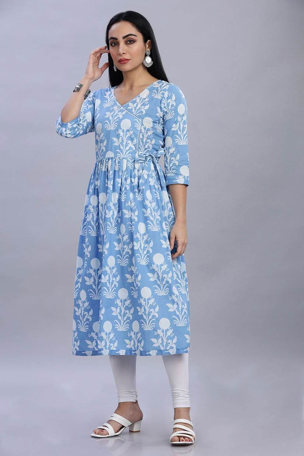 Mythri Office Wear V Neck Cotton Women's Kurthi with 3/4th Sleeves - Blue - KU34 - Naidu Hall Family Store