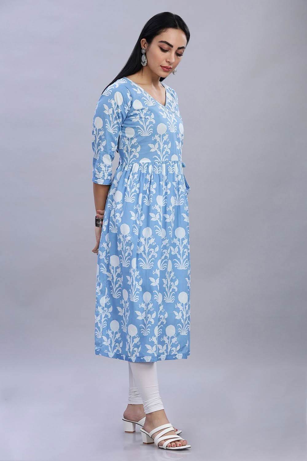 Mythri Office Wear V Neck Cotton Women's Kurthi with 3/4th Sleeves - Blue - KU34 - Naidu Hall Family Store