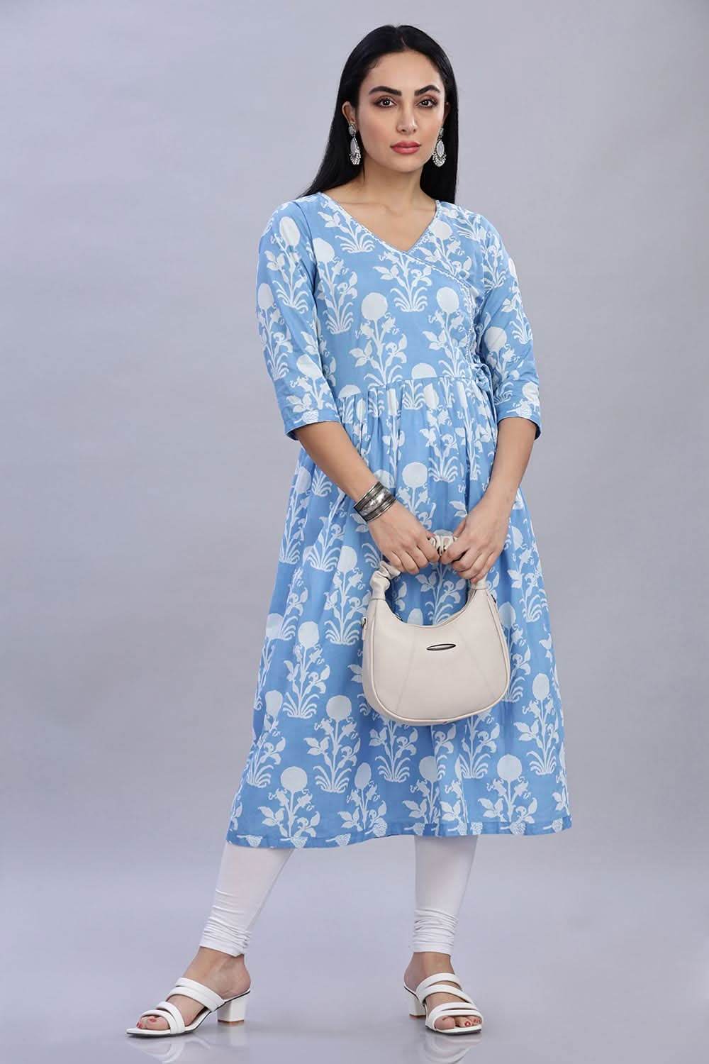 Mythri Office Wear V Neck Cotton Women's Kurthi with 3/4th Sleeves - Blue - KU34 - Naidu Hall Family Store