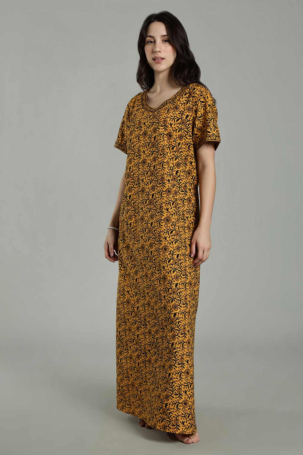 Naidu Hall Women’s Full-Length Cotton Nighty – Border Patch Neckline, Sleeve Detailing & Side Pocket
- Mustard - NA39