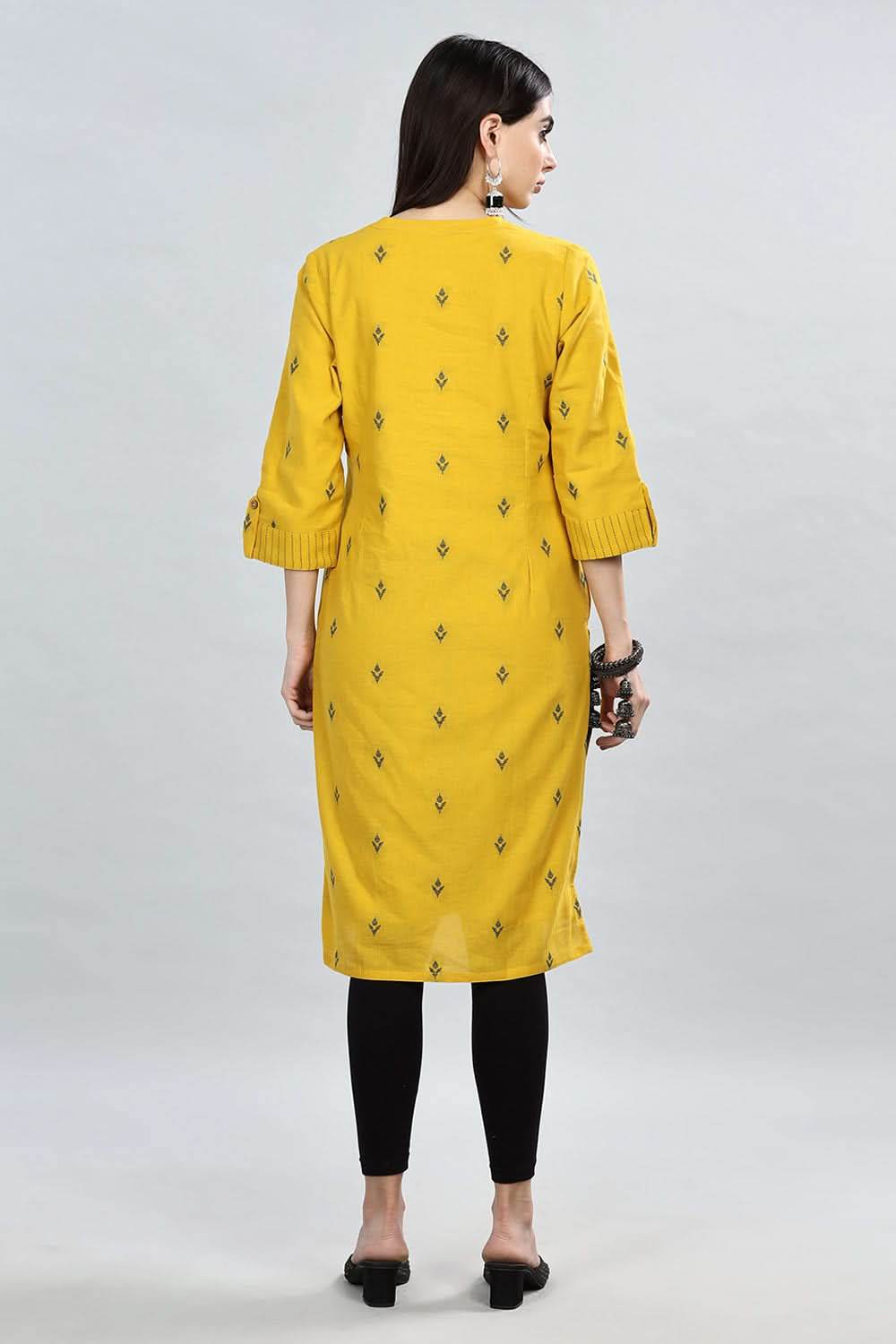 Mythri Women's Mandarin Collar Dobby Textured Cotton Kurta with Soft Lining - Light Yellow - KU37 - Naidu Hall Family Store