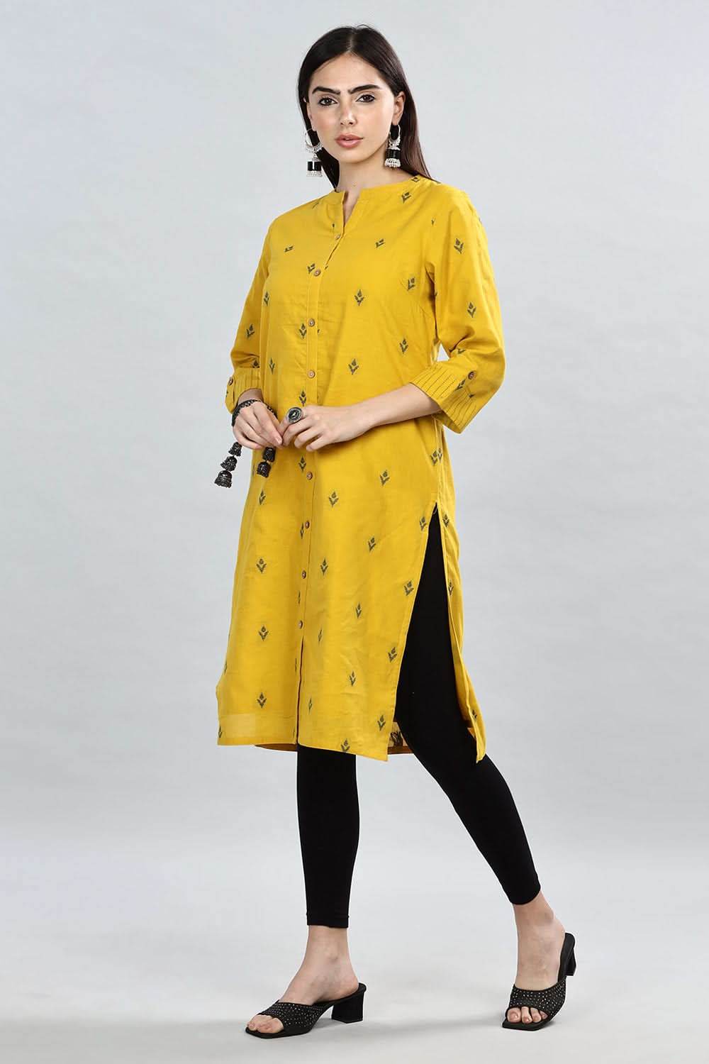 Mythri Women's Mandarin Collar Dobby Textured Cotton Kurta with Soft Lining - Light Yellow - KU37 - Naidu Hall Family Store