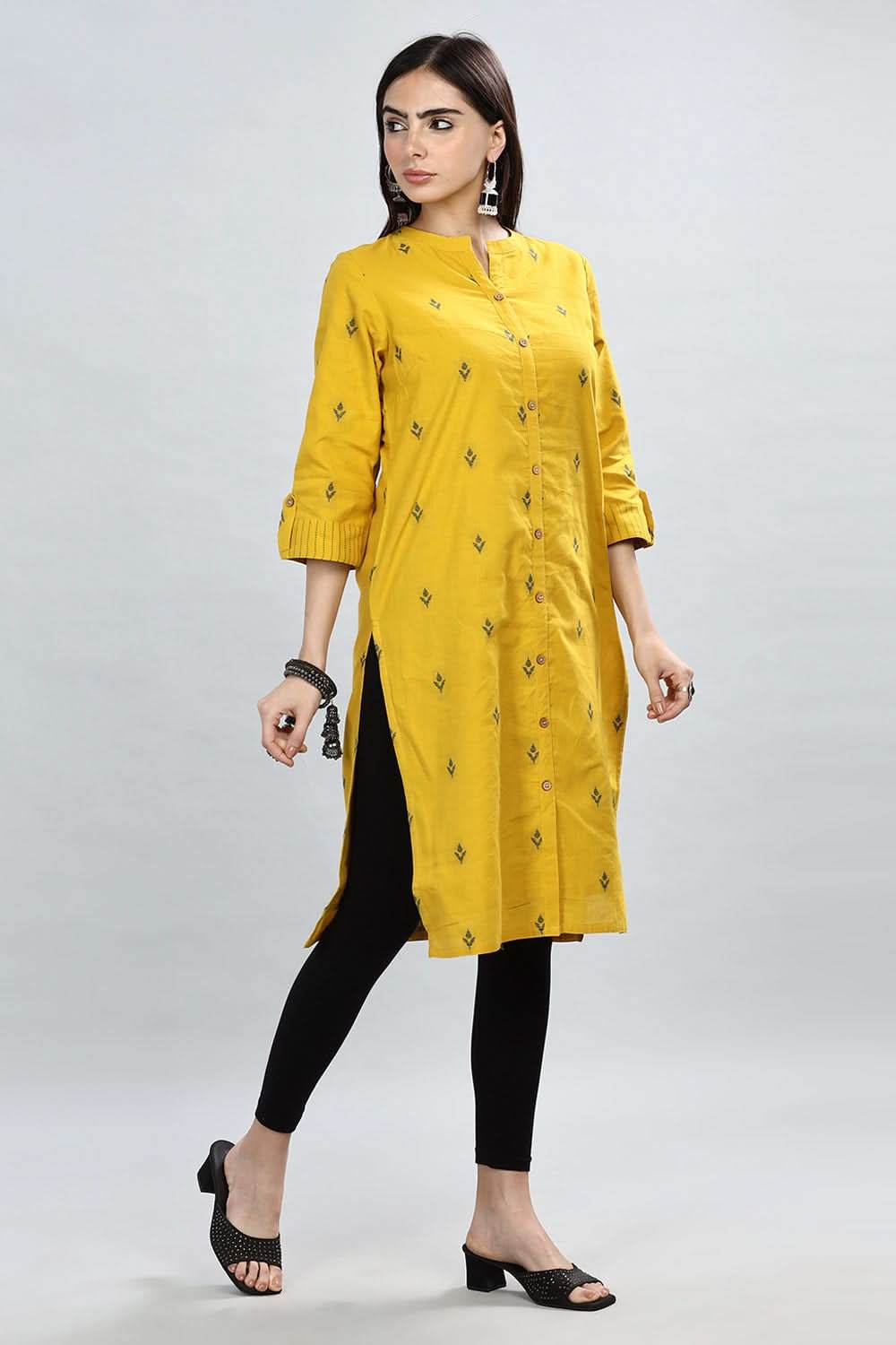Mythri Women's Mandarin Collar Dobby Textured Cotton Kurta with Soft Lining - Light Yellow - KU37 - Naidu Hall Family Store