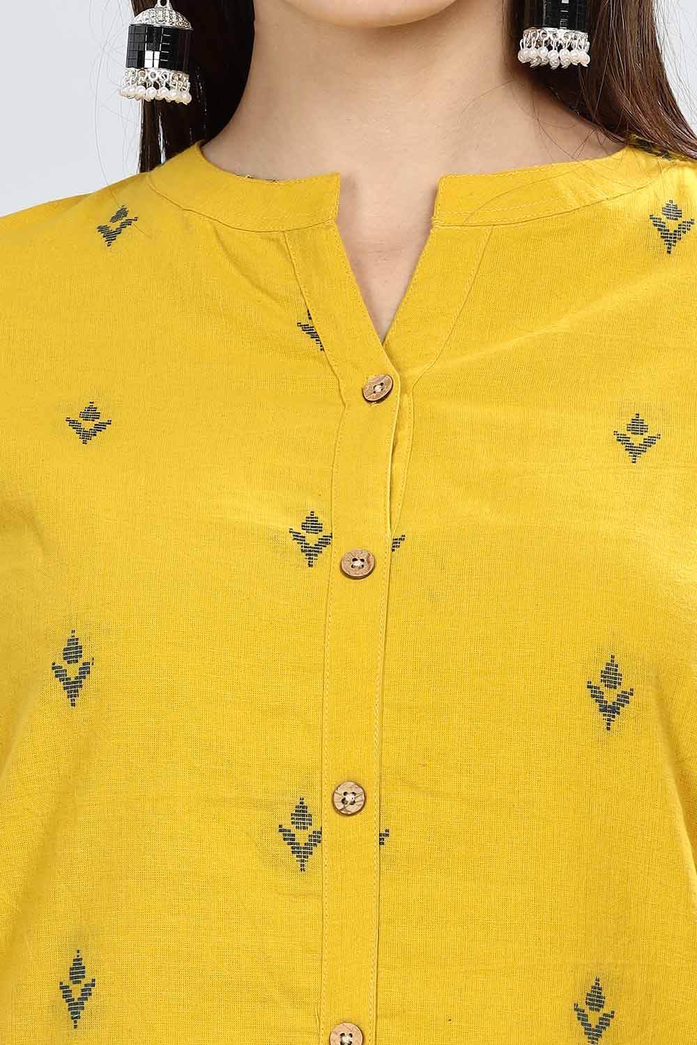 Mythri Women's Mandarin Collar Dobby Textured Cotton Kurta with Soft Lining - Light Yellow - KU37 - Naidu Hall Family Store