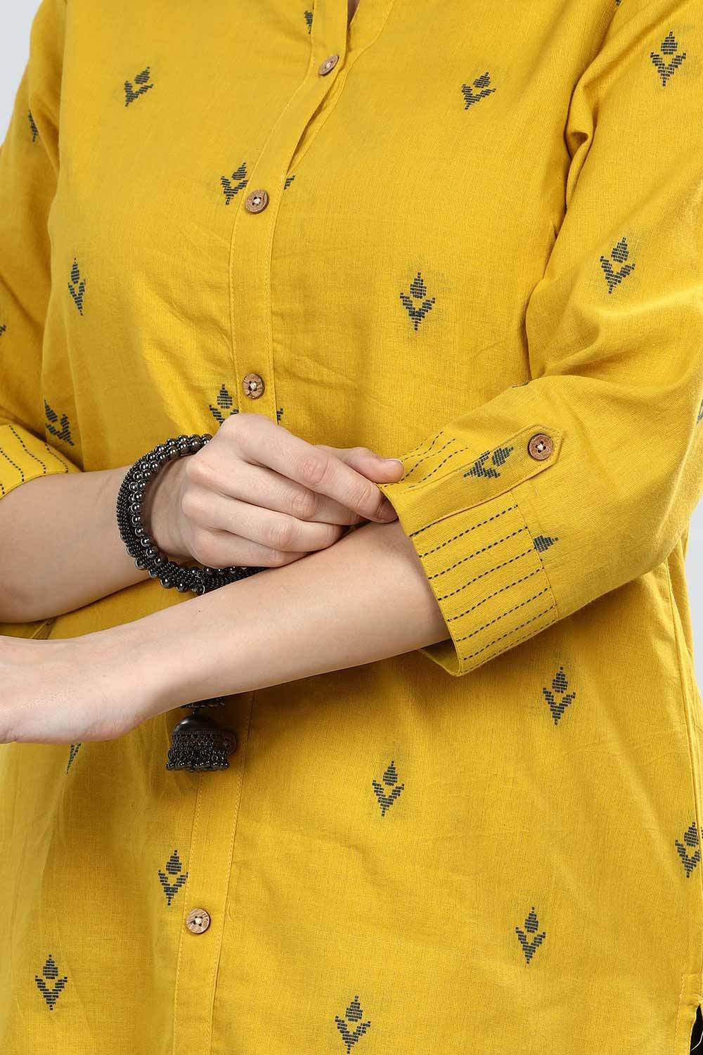 Mythri Women's Mandarin Collar Dobby Textured Cotton Kurta with Soft Lining - Light Yellow - KU37 - Naidu Hall Family Store