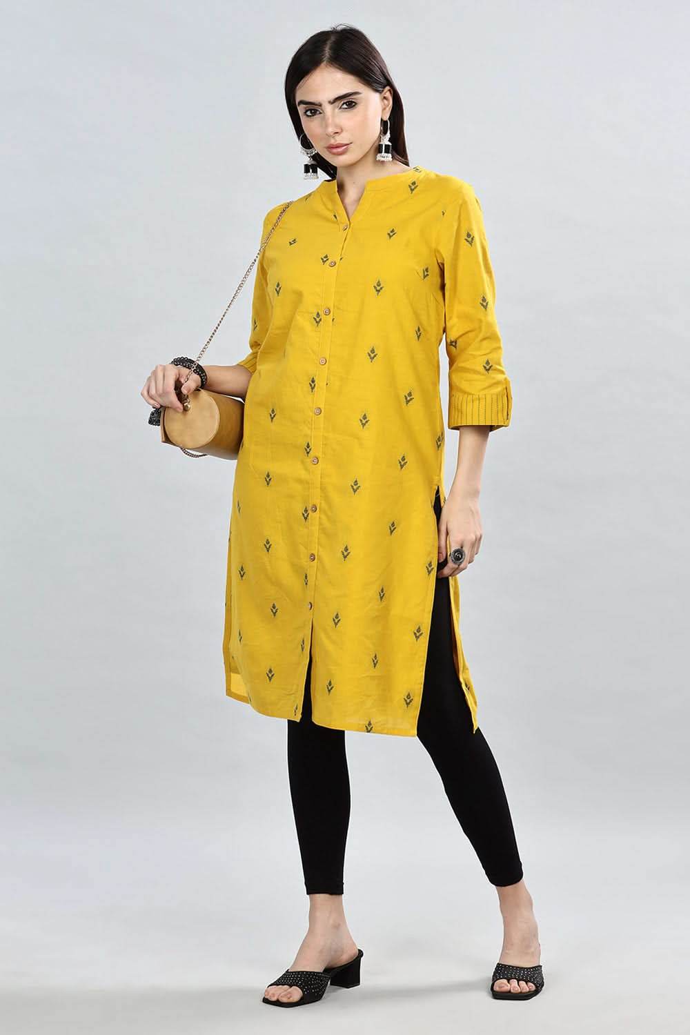 Mythri Women's Mandarin Collar Dobby Textured Cotton Kurta with Soft Lining - Light Yellow - KU37 - Naidu Hall Family Store