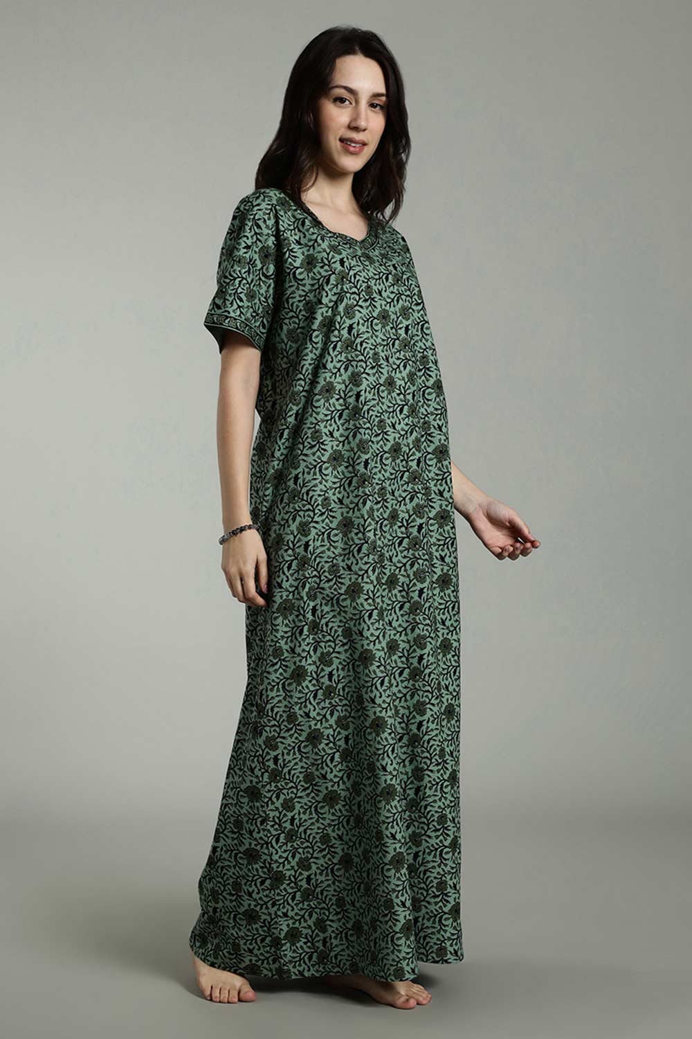 Naidu Hall Women's Full-Length Cotton Nighty – Border Patch Neckline, Sleeve Detailing & Side Pocket
- Green - NA39
