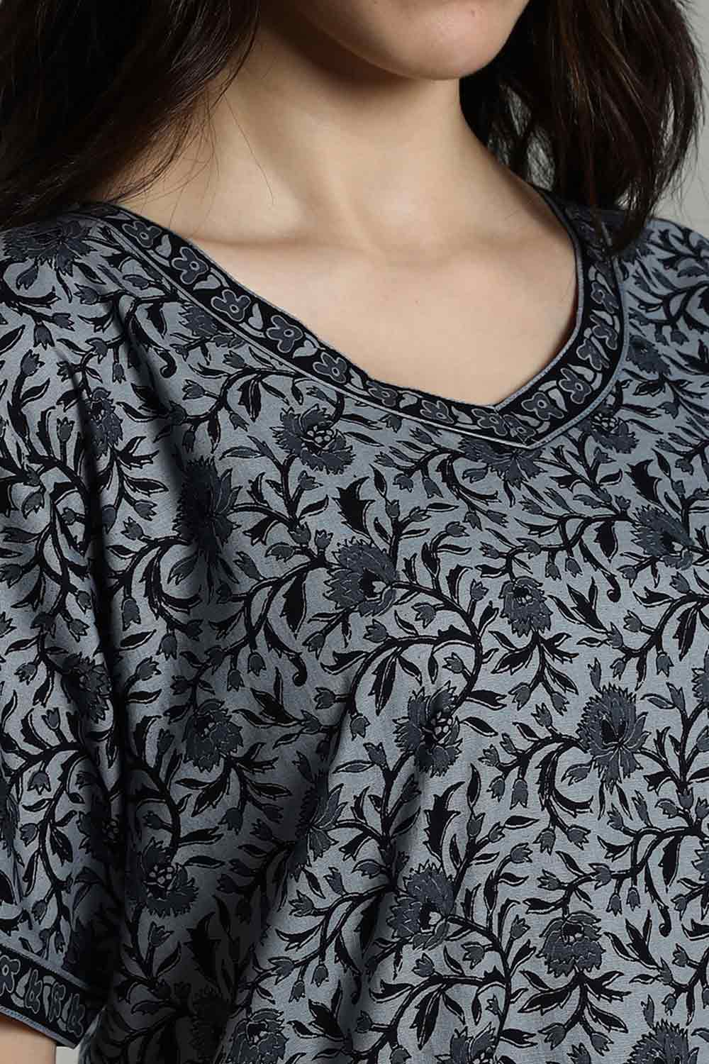 Naidu Hall Women's Full-Length Cotton Nighty – Border Patch Neckline, Sleeve Detailing & Side Pocket
- Blue - NA39