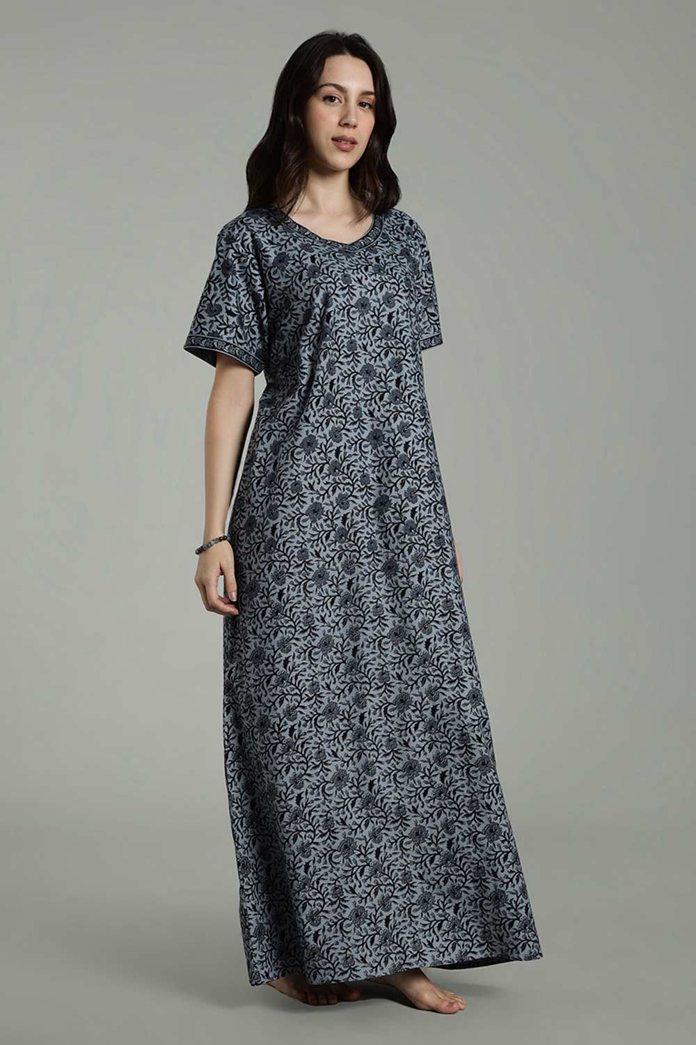 Naidu Hall Women's Full-Length Cotton Nighty – Border Patch Neckline, Sleeve Detailing & Side Pocket
- Blue - NA39