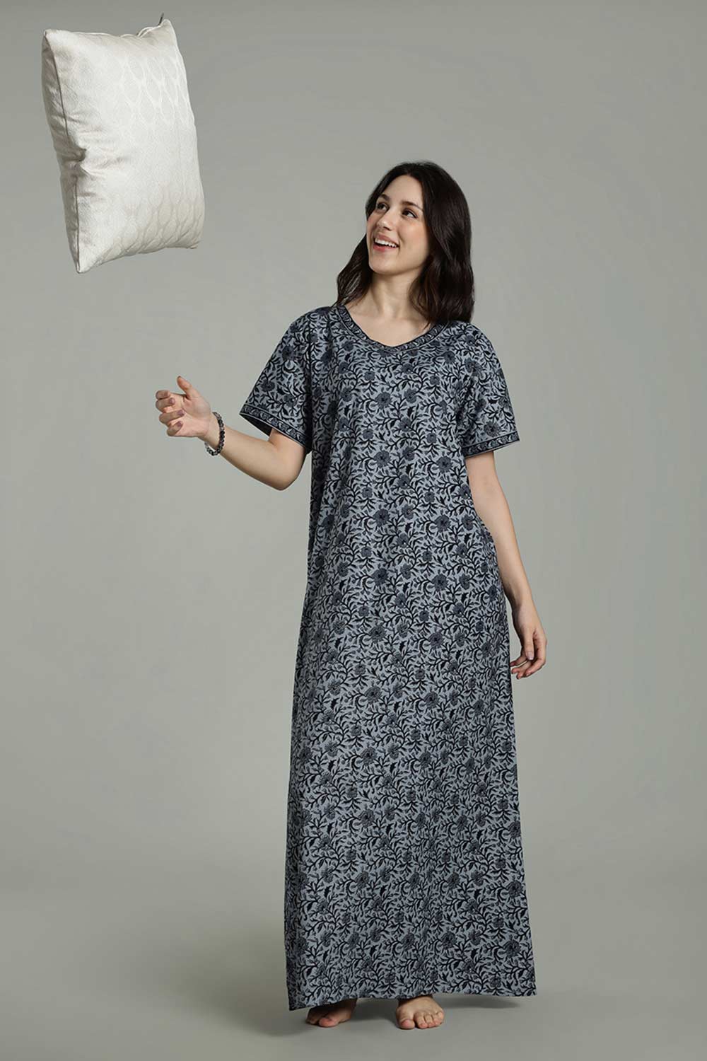 Naidu Hall Women's Full-Length Cotton Nighty – Border Patch Neckline, Sleeve Detailing & Side Pocket
- Blue - NA39