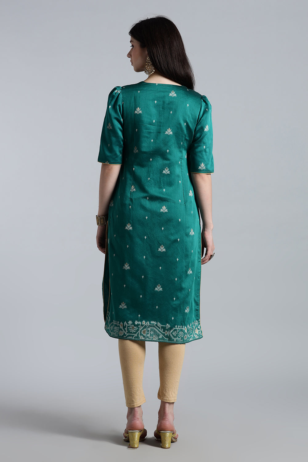 Mythri Women’s Puff Sleeve Jamdhani Kurta – Cotton Occasional Wear Ethnic Kurti - Green - KU92