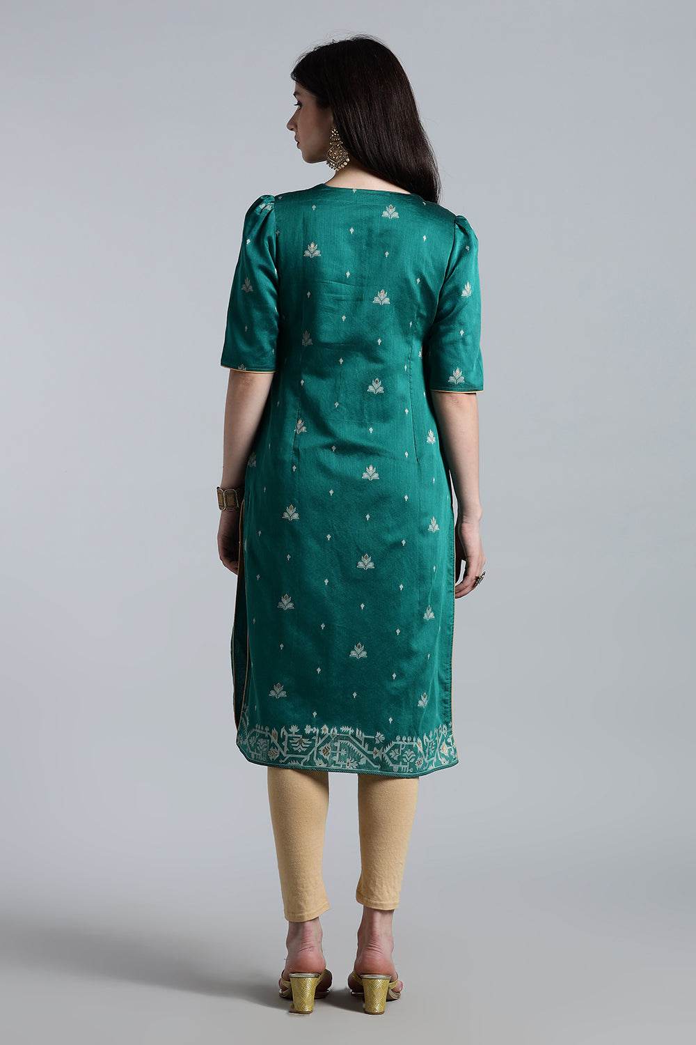 Mythri Women’s Puff Sleeve Jamdhani Kurta – Cotton Occasional Wear Ethnic Kurti - Green - KU92 - Naidu Hall Family Store