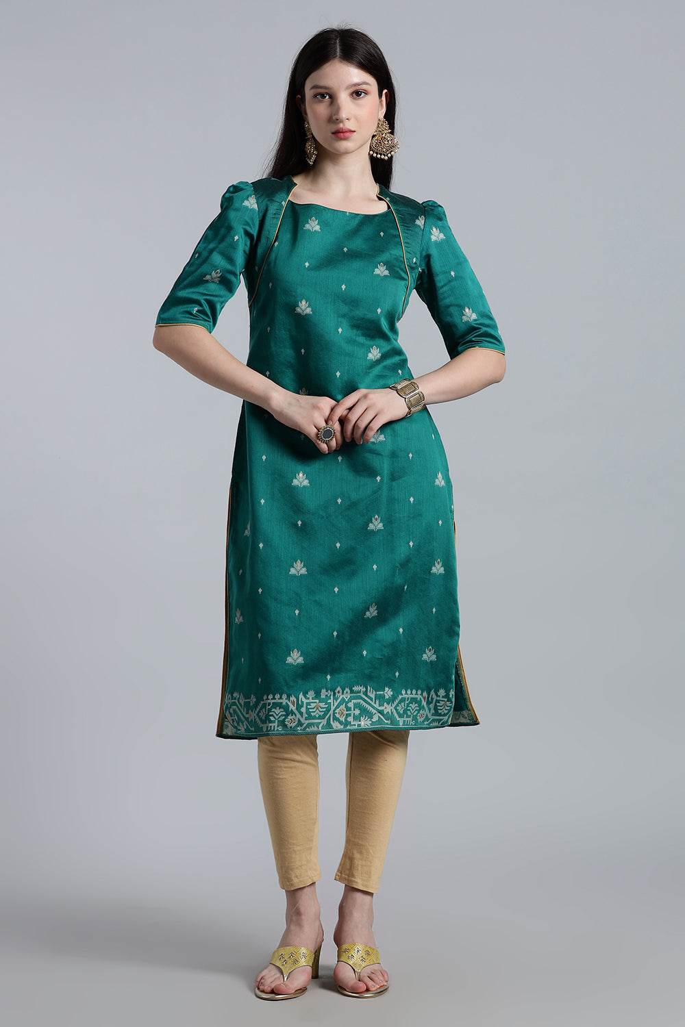 Mythri Women’s Puff Sleeve Jamdhani Kurta – Cotton Occasional Wear Ethnic Kurti - Green - KU92 - Naidu Hall Family Store
