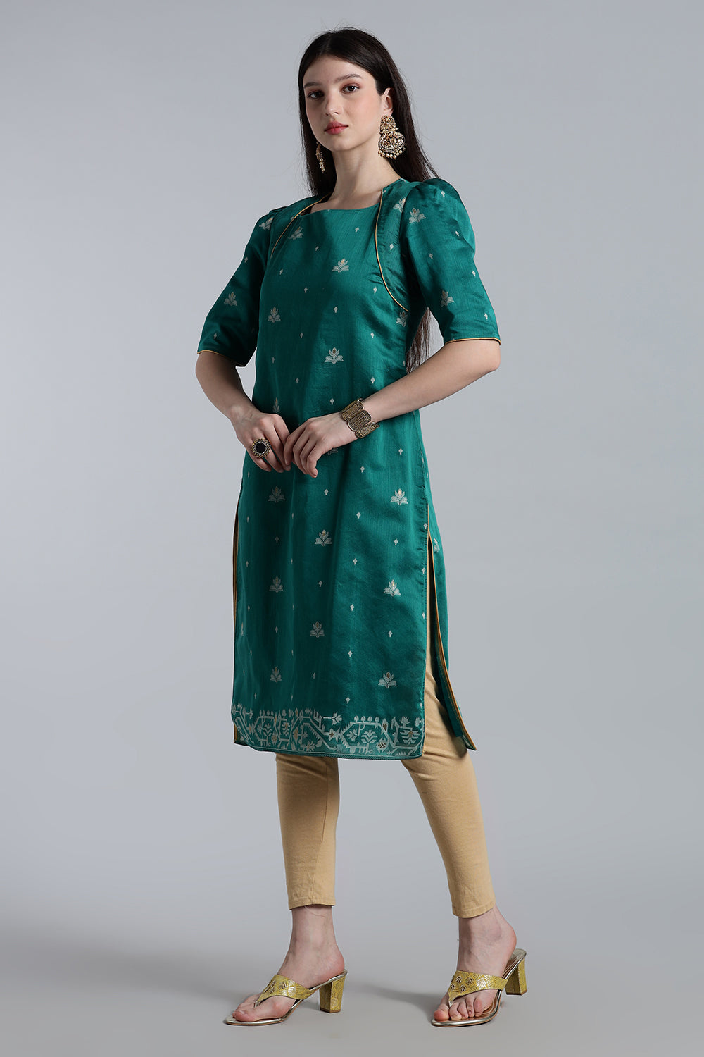 Mythri Women’s Puff Sleeve Jamdhani Kurta – Cotton Occasional Wear Ethnic Kurti - Green - KU92