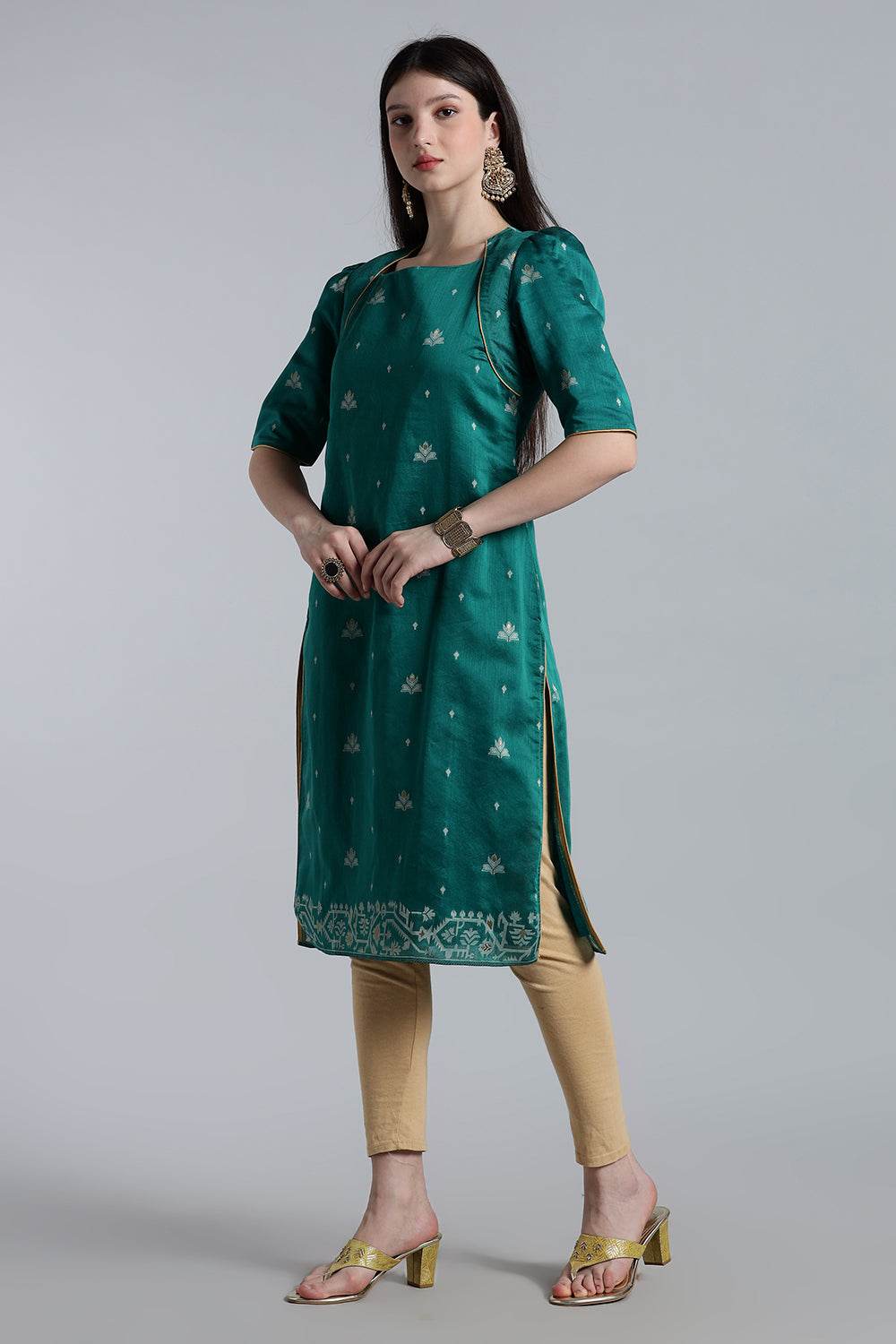 Mythri Women’s Puff Sleeve Jamdhani Kurta – Cotton Occasional Wear Ethnic Kurti - Green - KU92 - Naidu Hall Family Store