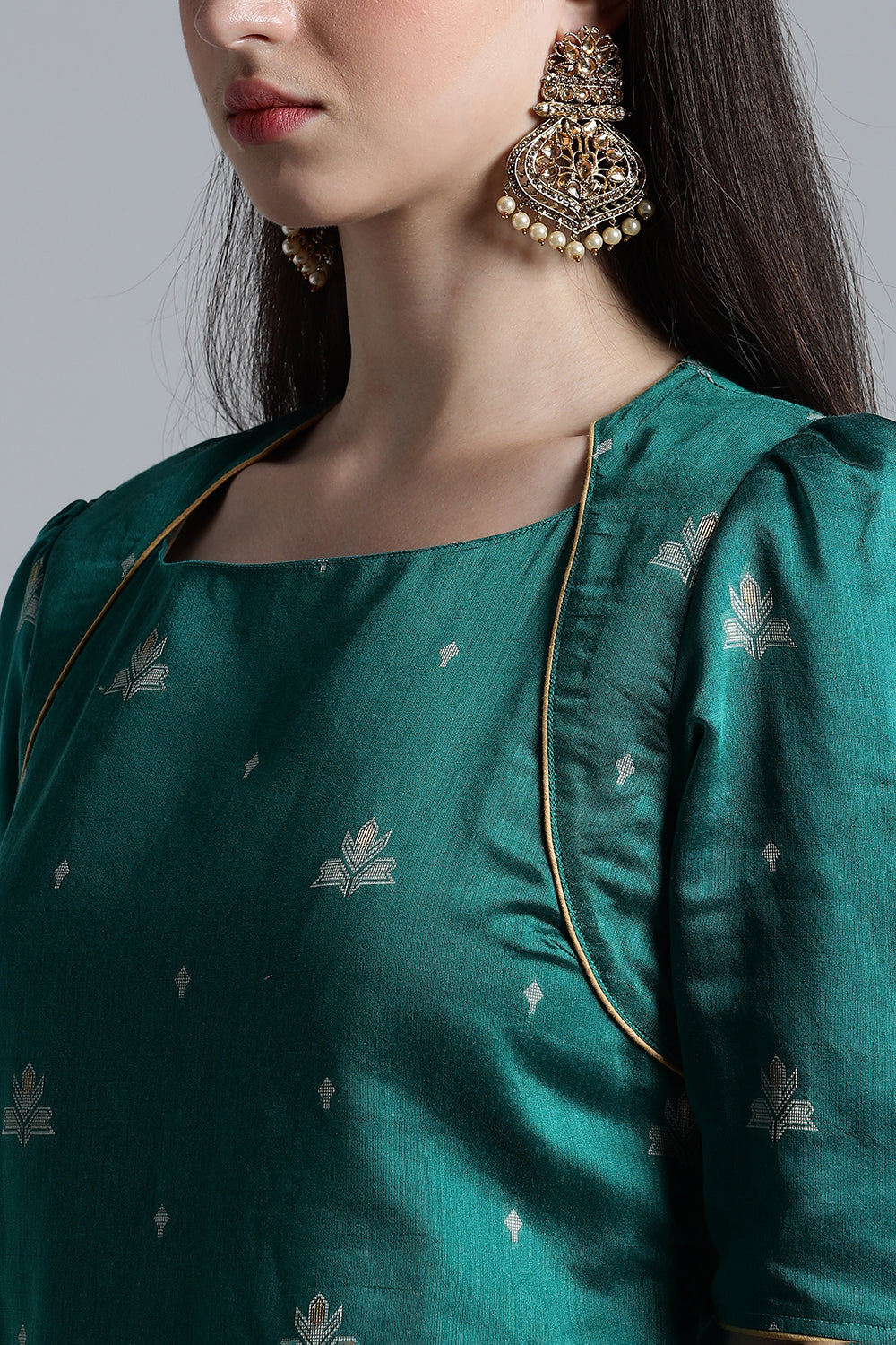 Mythri Women’s Puff Sleeve Jamdhani Kurta – Cotton Occasional Wear Ethnic Kurti - Green - KU92