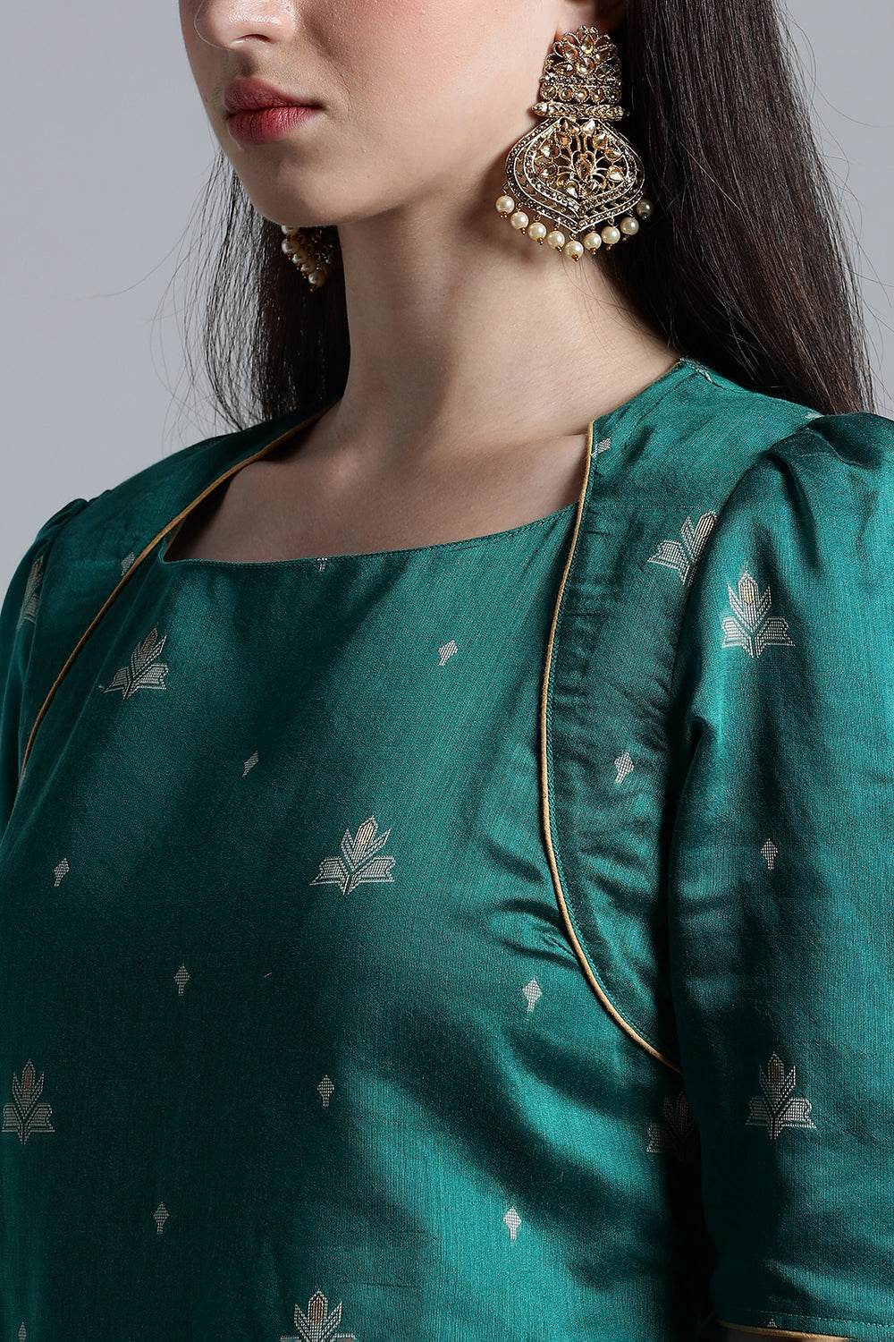 Mythri Women’s Puff Sleeve Jamdhani Kurta – Cotton Occasional Wear Ethnic Kurti - Green - KU92 - Naidu Hall Family Store