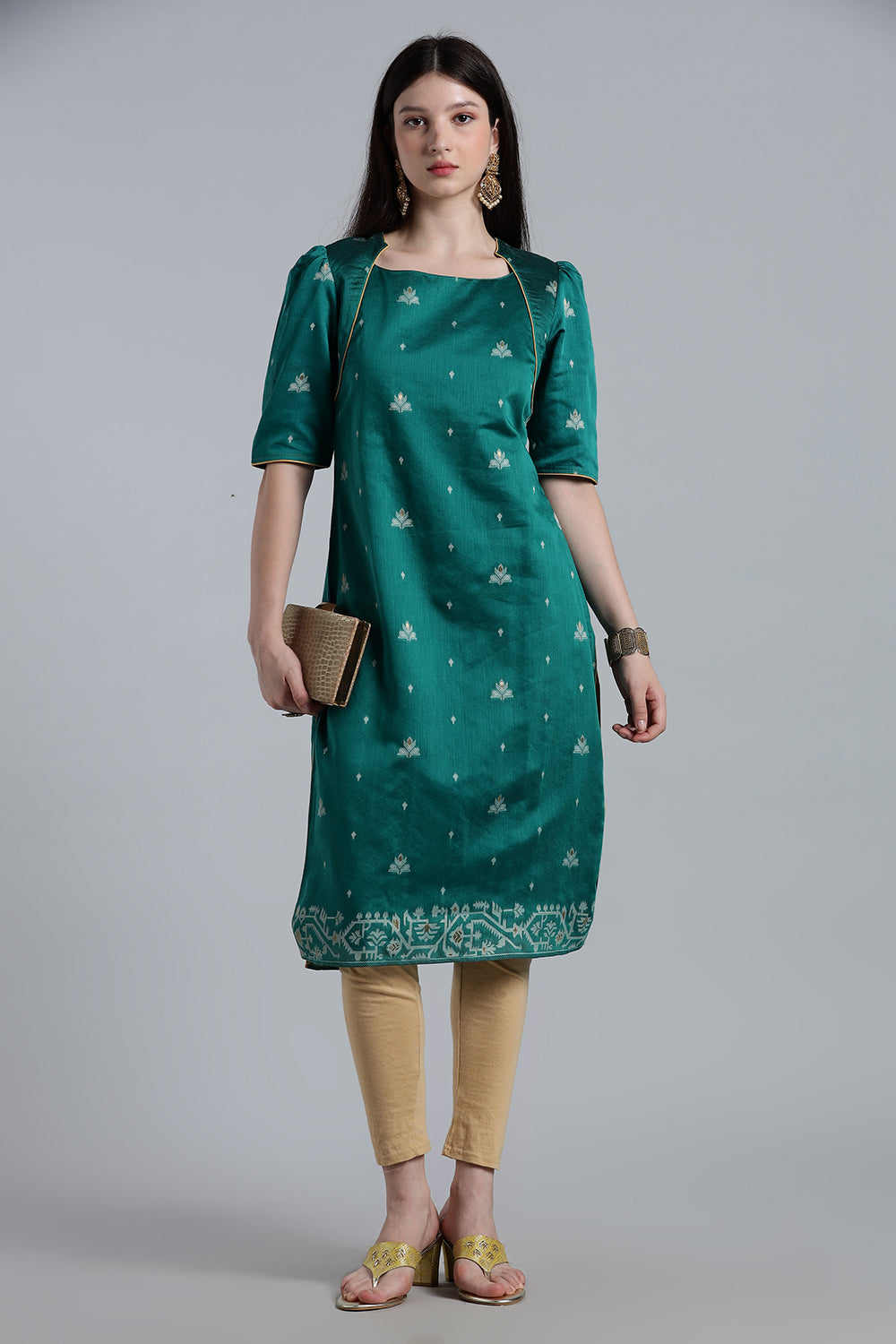 Mythri Women’s Puff Sleeve Jamdhani Kurta – Cotton Occasional Wear Ethnic Kurti - Green - KU92