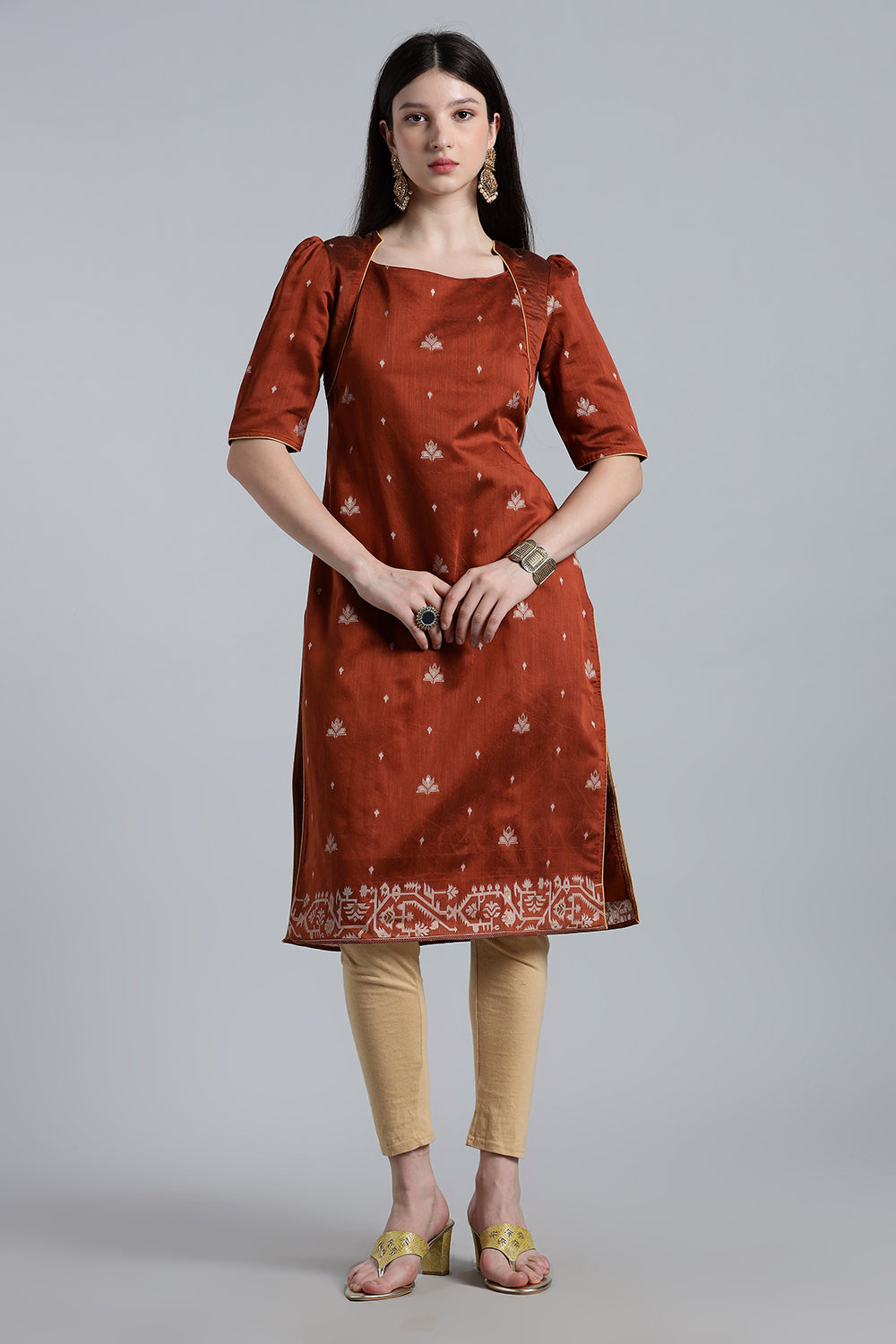 Mythri Women’s Puff Sleeve Jamdhani Kurta – Cotton Occasional Wear Ethnic Kurti - Brown - KU92