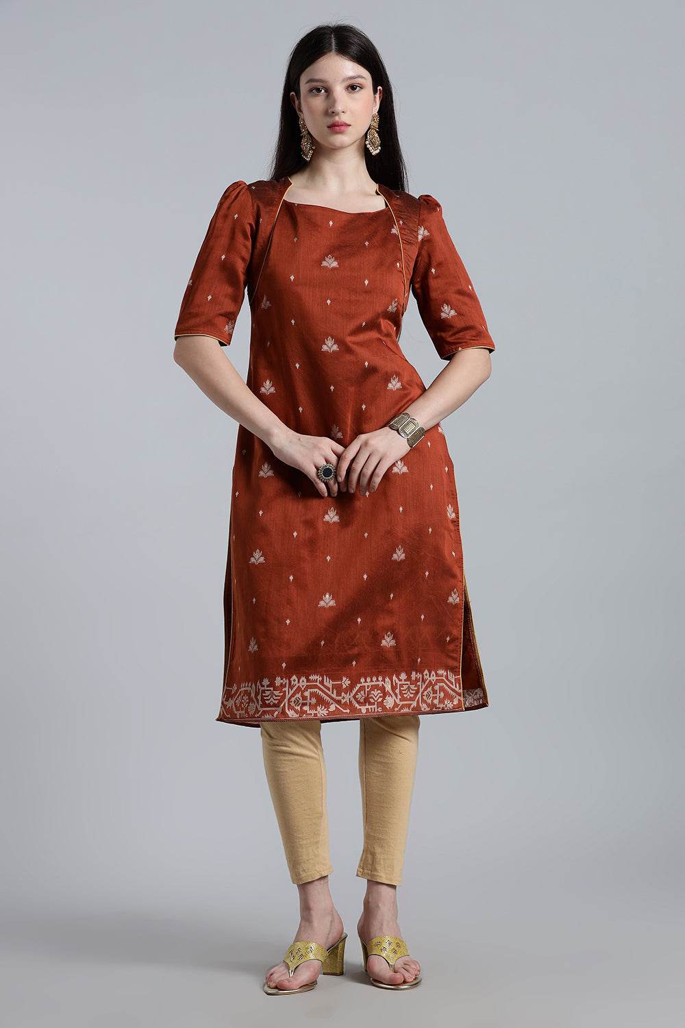 Mythri Women’s Puff Sleeve Jamdhani Kurta – Cotton Occasional Wear Ethnic Kurti - Brown - KU92 - Naidu Hall Family Store