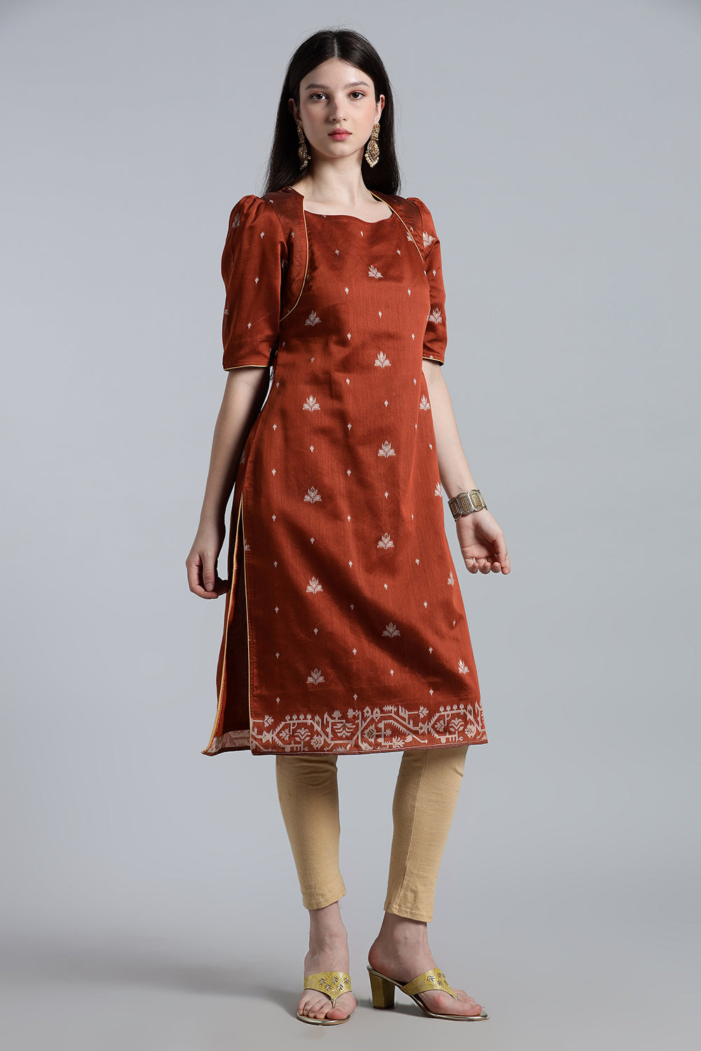 Mythri Women’s Puff Sleeve Jamdhani Kurta – Cotton Occasional Wear Ethnic Kurti - Brown - KU92