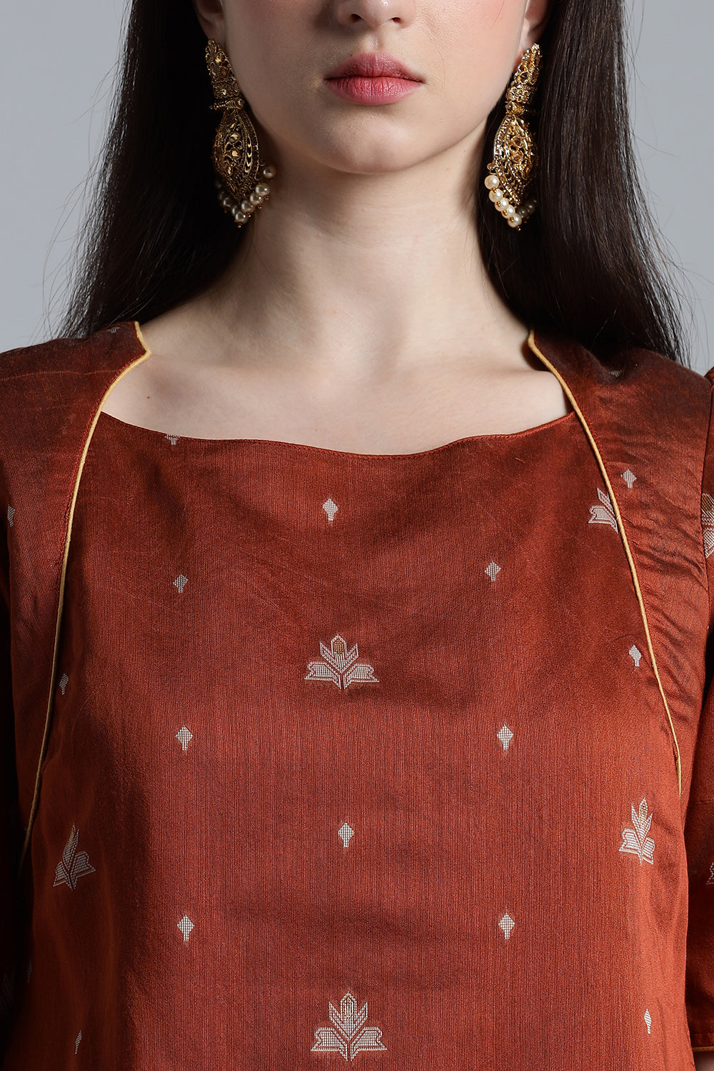 Mythri Women’s Puff Sleeve Jamdhani Kurta – Cotton Occasional Wear Ethnic Kurti - Brown - KU92