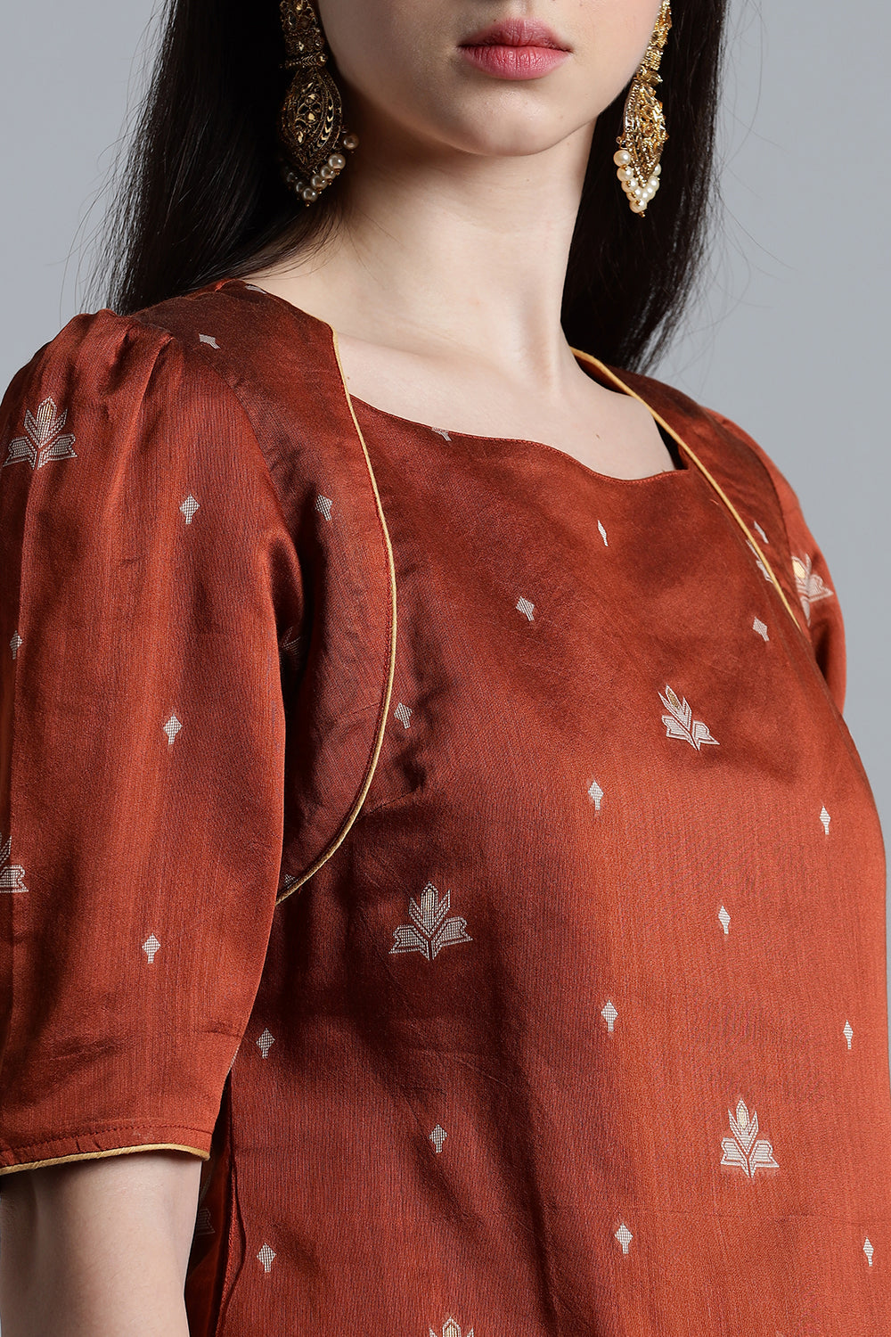 Mythri Women’s Puff Sleeve Jamdhani Kurta – Cotton Occasional Wear Ethnic Kurti - Brown - KU92