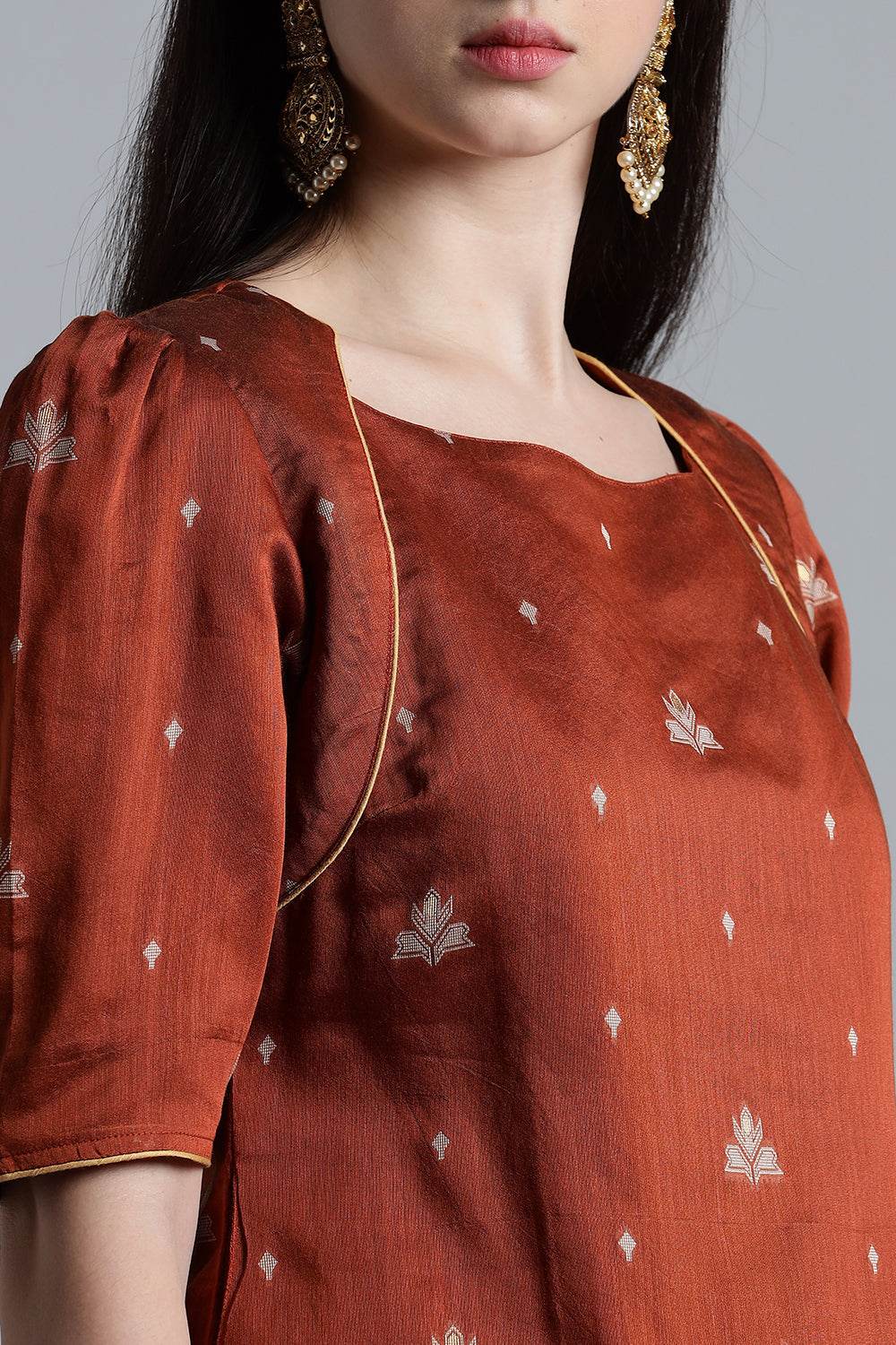 Mythri Women’s Puff Sleeve Jamdhani Kurta – Cotton Occasional Wear Ethnic Kurti - Brown - KU92 - Naidu Hall Family Store