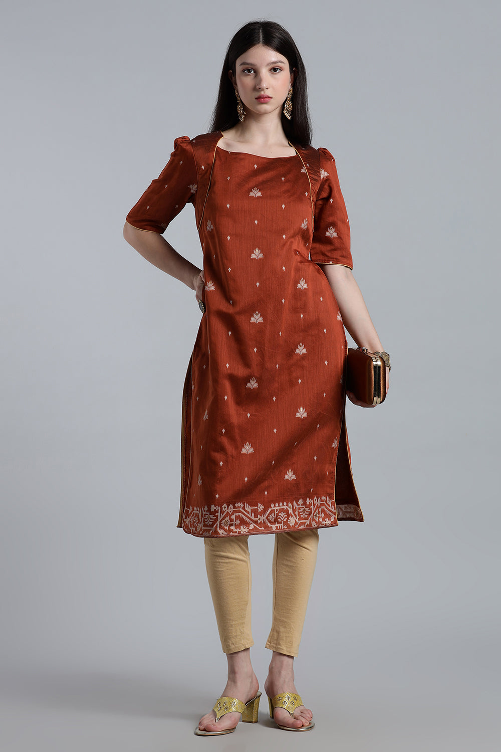 Mythri Women’s Puff Sleeve Jamdhani Kurta – Cotton Occasional Wear Ethnic Kurti - Brown - KU92