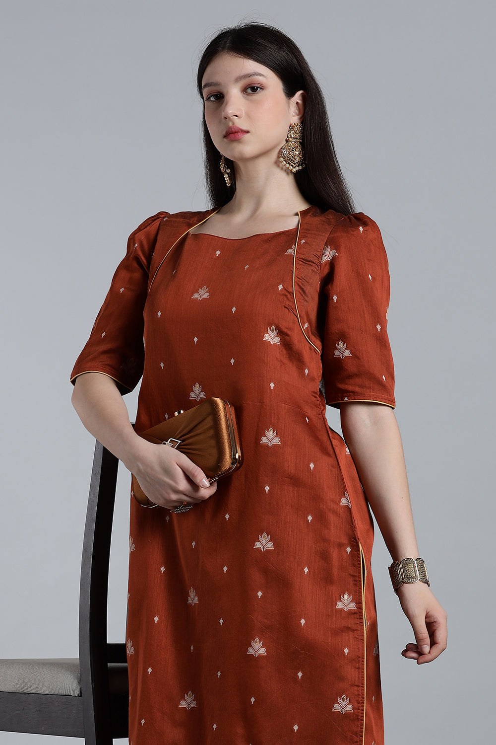 Mythri Women’s Puff Sleeve Jamdhani Kurta – Cotton Occasional Wear Ethnic Kurti - Brown - KU92
