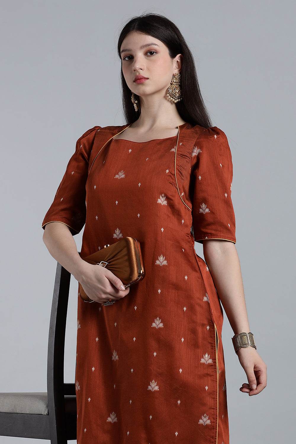 Mythri Women’s Puff Sleeve Jamdhani Kurta – Cotton Occasional Wear Ethnic Kurti - Brown - KU92 - Naidu Hall Family Store