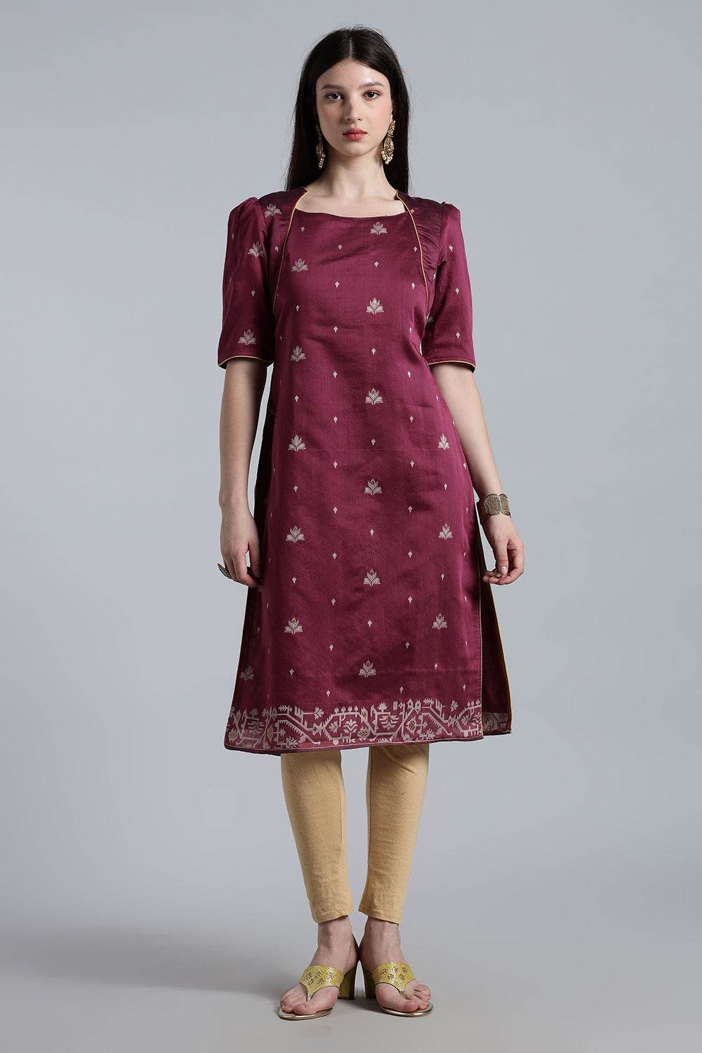 Mythri Women’s Puff Sleeve Jamdhani Kurta – Cotton Occasional Wear Ethnic Kurti - Purple - KU92 - Naidu Hall Family Store