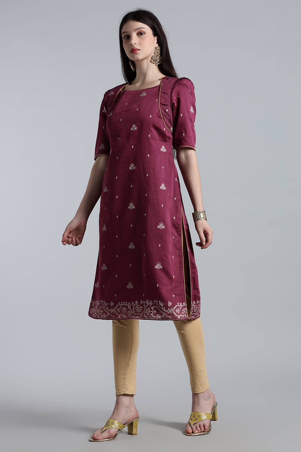 Mythri Women’s Puff Sleeve Jamdhani Kurta – Cotton Occasional Wear Ethnic Kurti - Purple - KU92