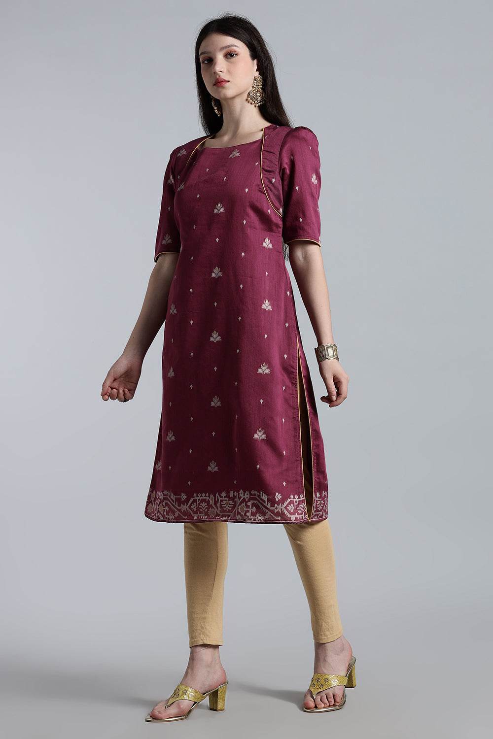 Mythri Women’s Puff Sleeve Jamdhani Kurta – Cotton Occasional Wear Ethnic Kurti - Purple - KU92 - Naidu Hall Family Store