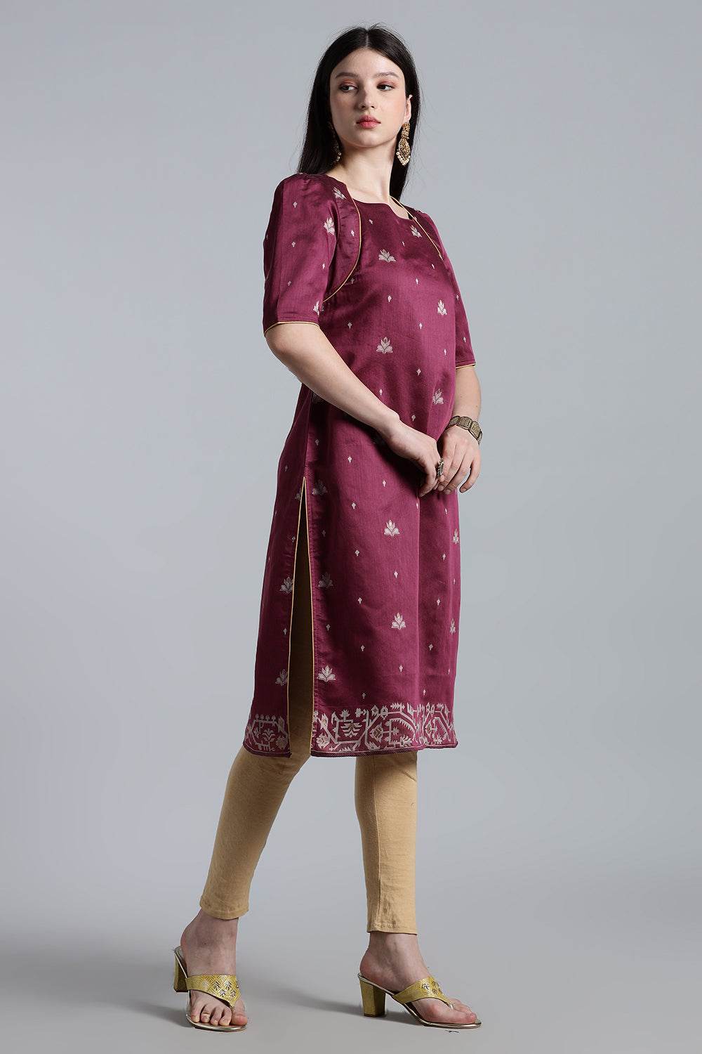 Mythri Women’s Puff Sleeve Jamdhani Kurta – Cotton Occasional Wear Ethnic Kurti - Purple - KU92 - Naidu Hall Family Store