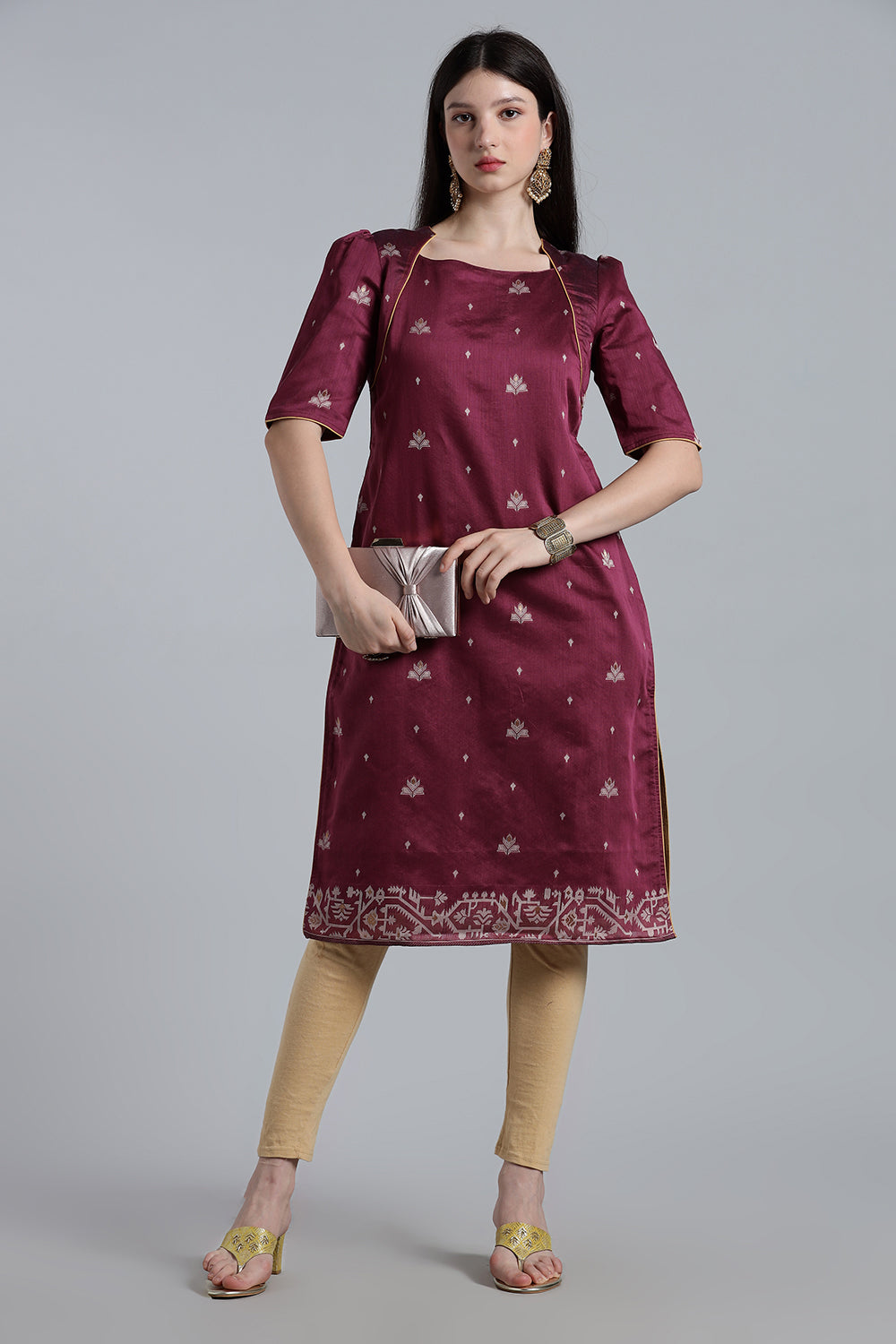 Mythri Women’s Puff Sleeve Jamdhani Kurta – Cotton Occasional Wear Ethnic Kurti - Purple - KU92