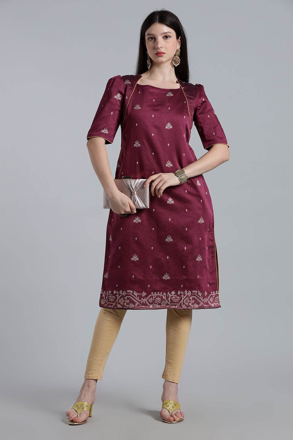Mythri Women’s Puff Sleeve Jamdhani Kurta – Cotton Occasional Wear Ethnic Kurti - Purple - KU92 - Naidu Hall Family Store