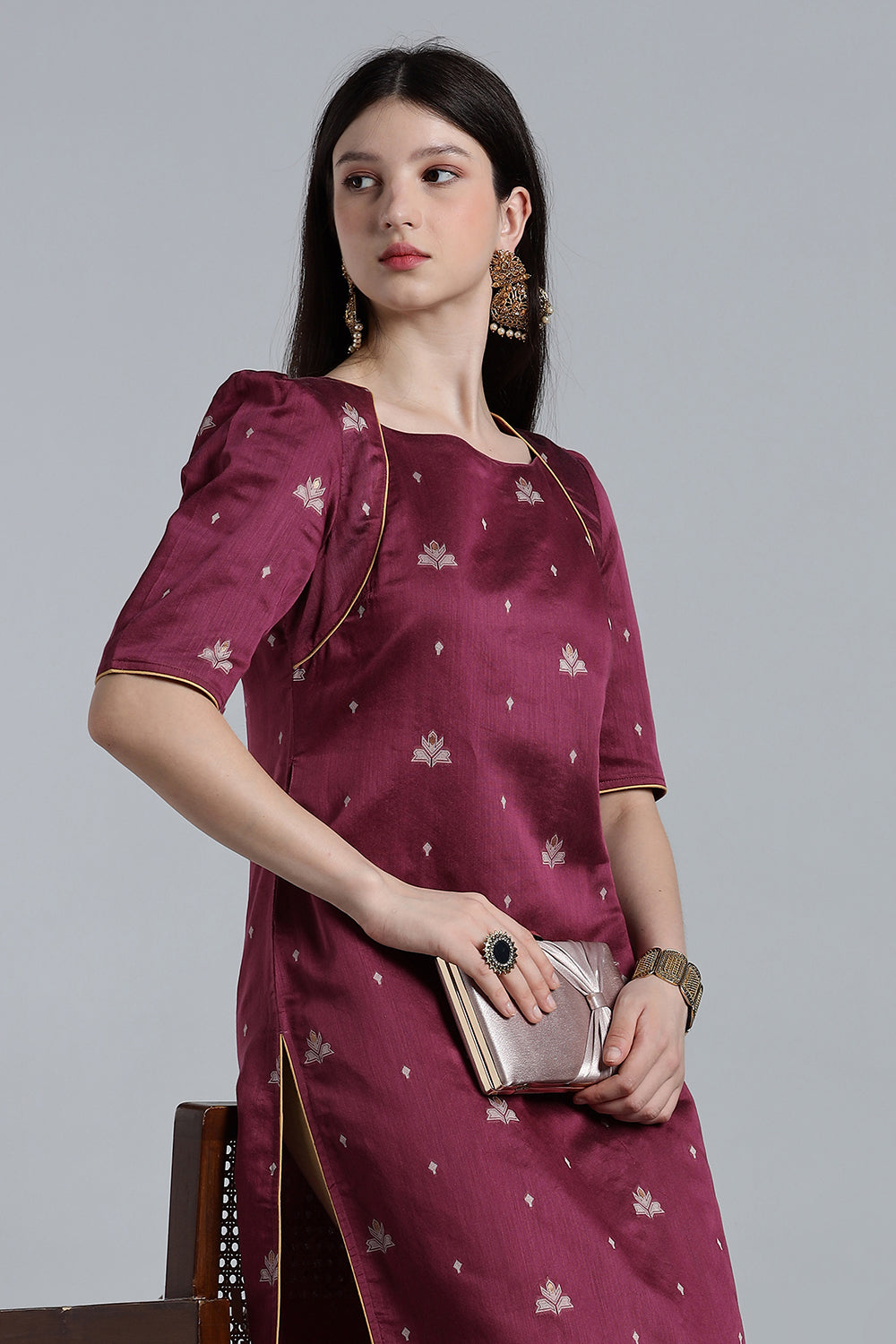 Mythri Women’s Puff Sleeve Jamdhani Kurta – Cotton Occasional Wear Ethnic Kurti - Purple - KU92