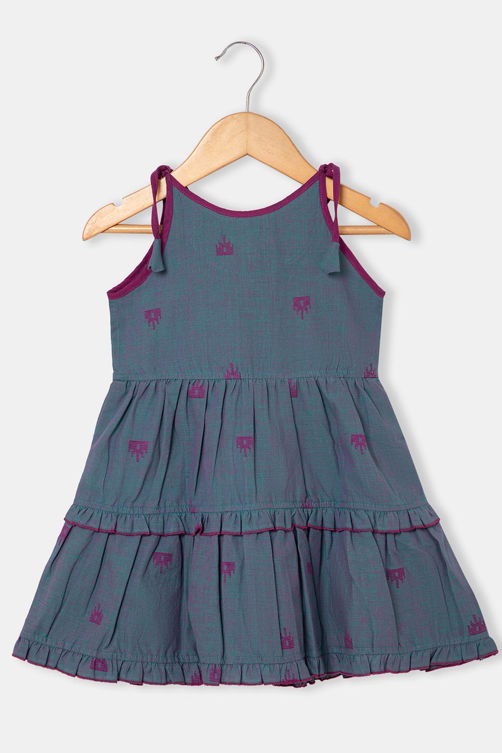 Chittythalli Girls Ethnic Layered Frock with Ruffles & Tassels – Handloom Butta Dress - Teal Green - FR24