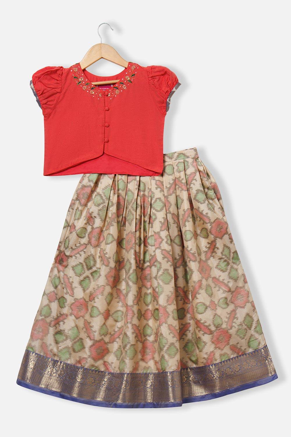 Chittythalli Girls’ Pavadai Set – V-Neck Embroidered Top with Puff Sleeves & Box-Pleated Brocade Skirt - Red - PS38 - Naidu Hall Family Store
