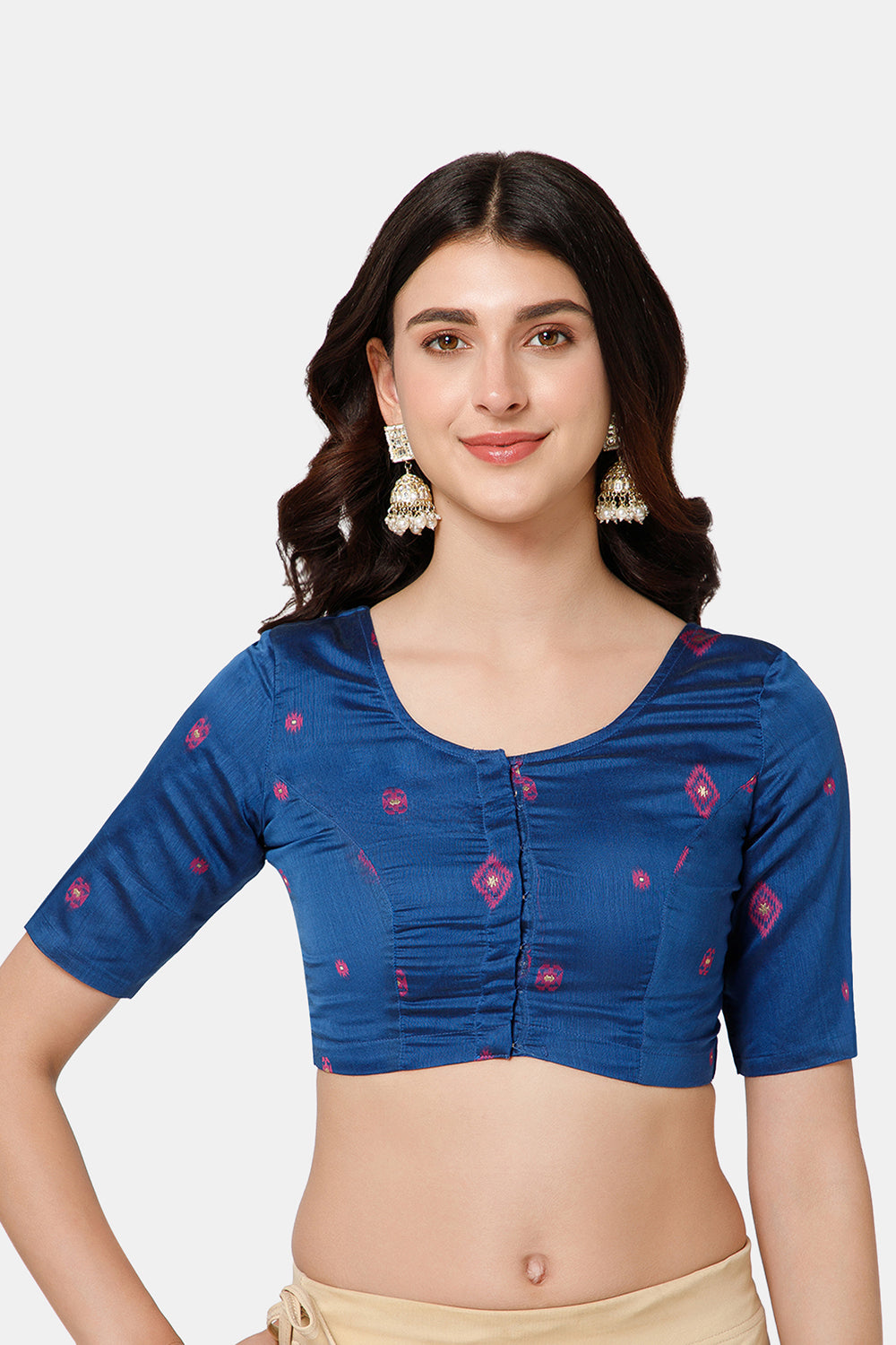 Naidu Hall Women’s Princess Cut Printed Readymade Saree Blouse U-Neck Front Open with Elbow Sleeves & Princess Cut | Elegant Everyday & Ethnic Wear - BU17