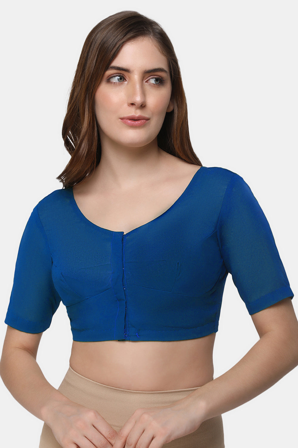 Naidu Hall Women's 2x2 Cotton Saree Blouse | Readymade Round Neck Elbow Sleeve Woven Cotton Blouse | Plain Traditional Blouse for Cotton, Handloom, Linen & Silk Cotton Sarees - RNRE