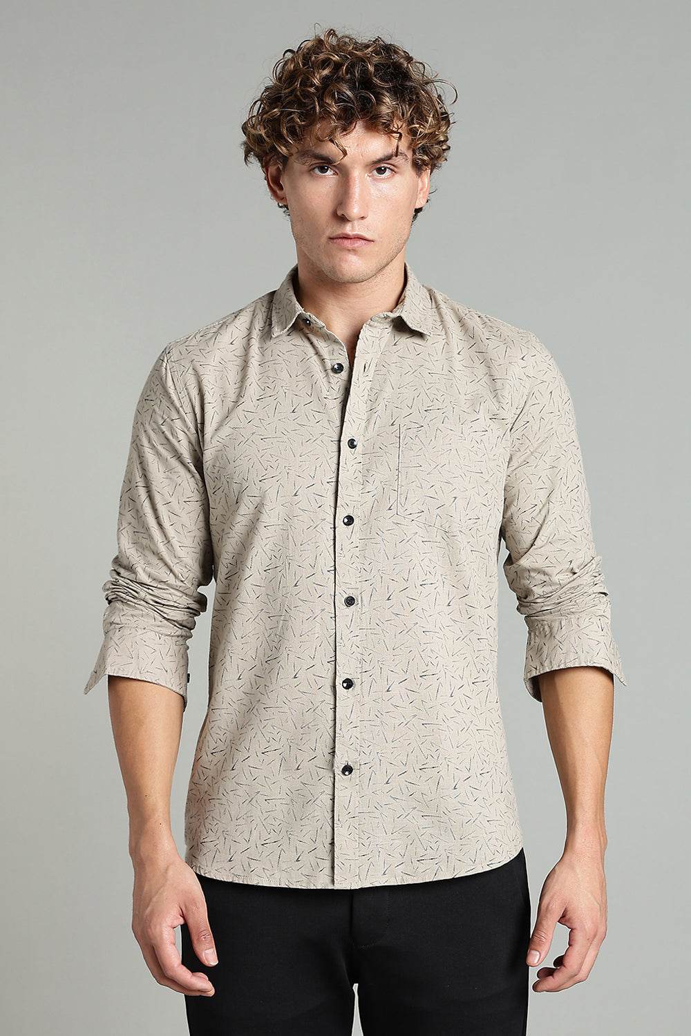 Enhance Men’s Printed Casual Shirt – Full Sleeves with Patch Pocket and Button Cuffs - Beige - SA05 - Naidu Hall Family Store
