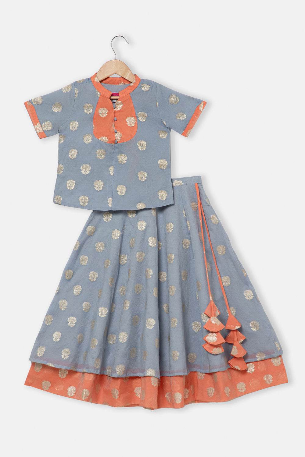 Chittythalli Girls Traditional Pavadai Set with Mandarin Collar Top and Double Layered Flared Skirt - Grey - PS70 - Naidu Hall Family Store