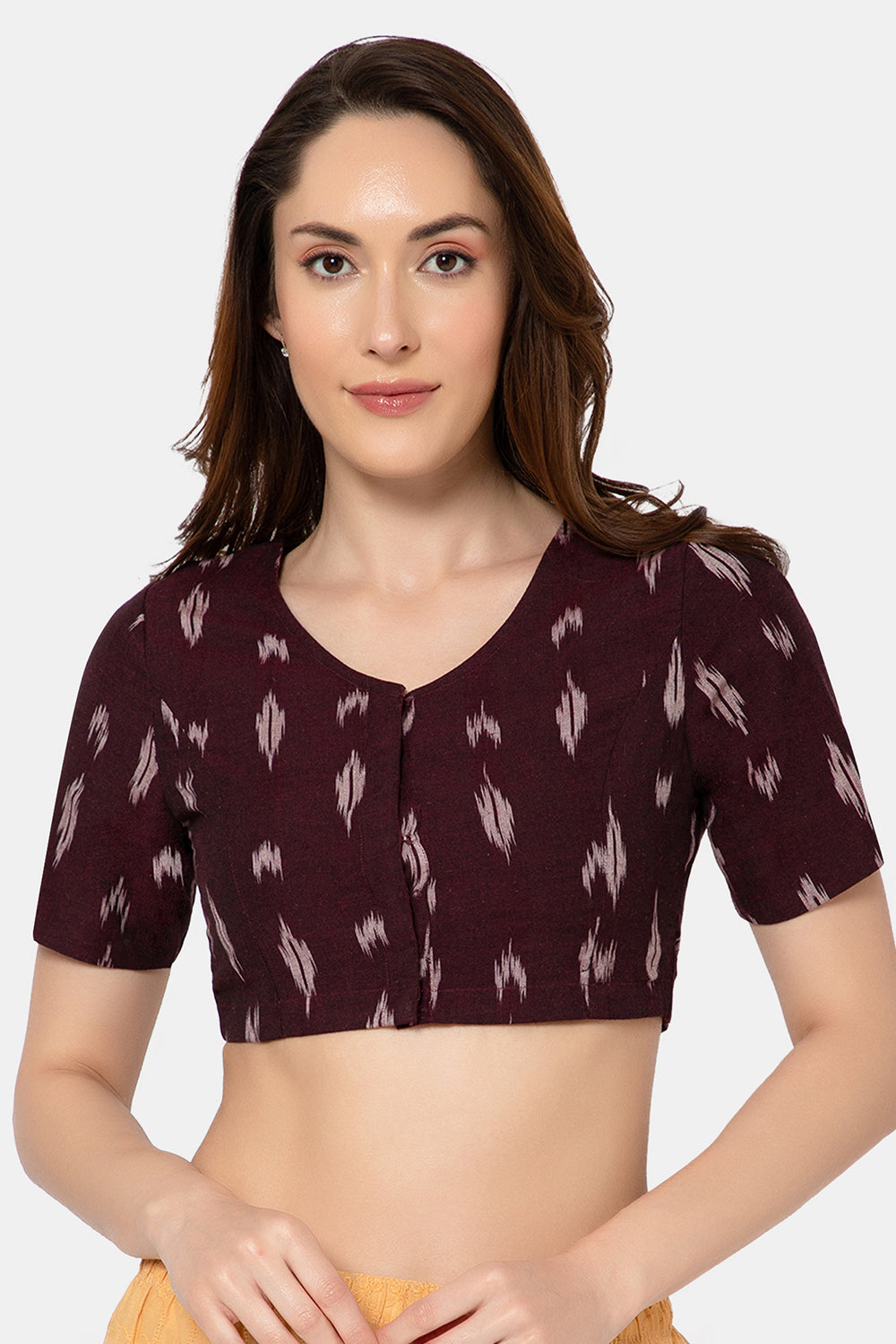 Naidu Hall Women’s Designer Cotton Ikat Blouse V-Neck Front Open with Elbow Sleeves - Wine - BU16