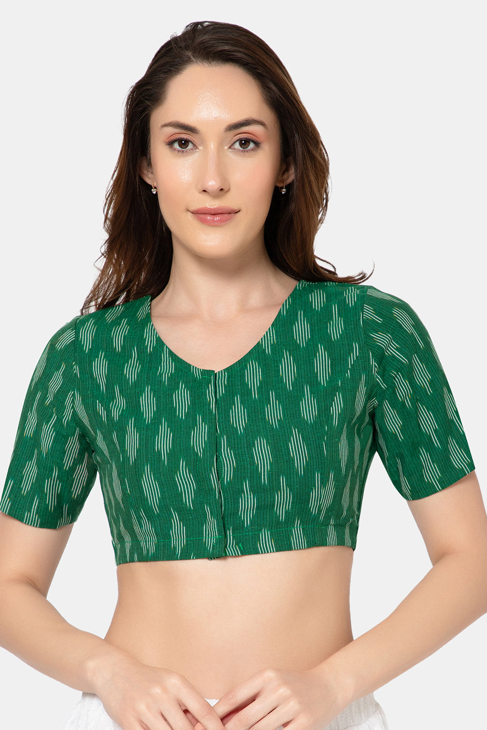Naidu Hall Women’s Designer Cotton Ikat Blouse V-Neck Front Open with Elbow Sleeves - Green - BU16