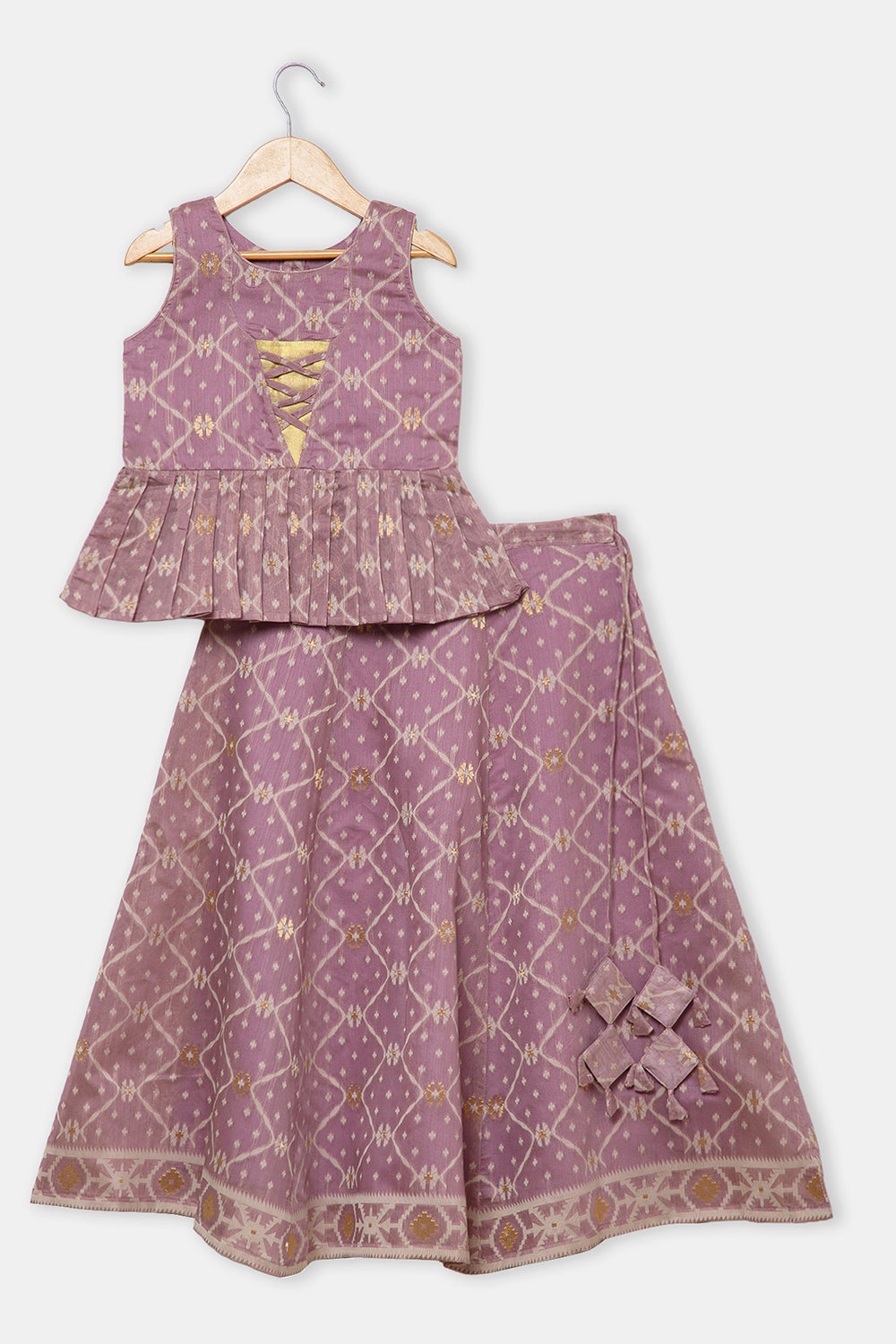 Chittythalli Girls’ Ethnic Pavadai Set – Chanderi Jamdani Peplum Top with Criss-Cross Cording & Kali Skirt | Traditional Festive Wear for Girls - PS91