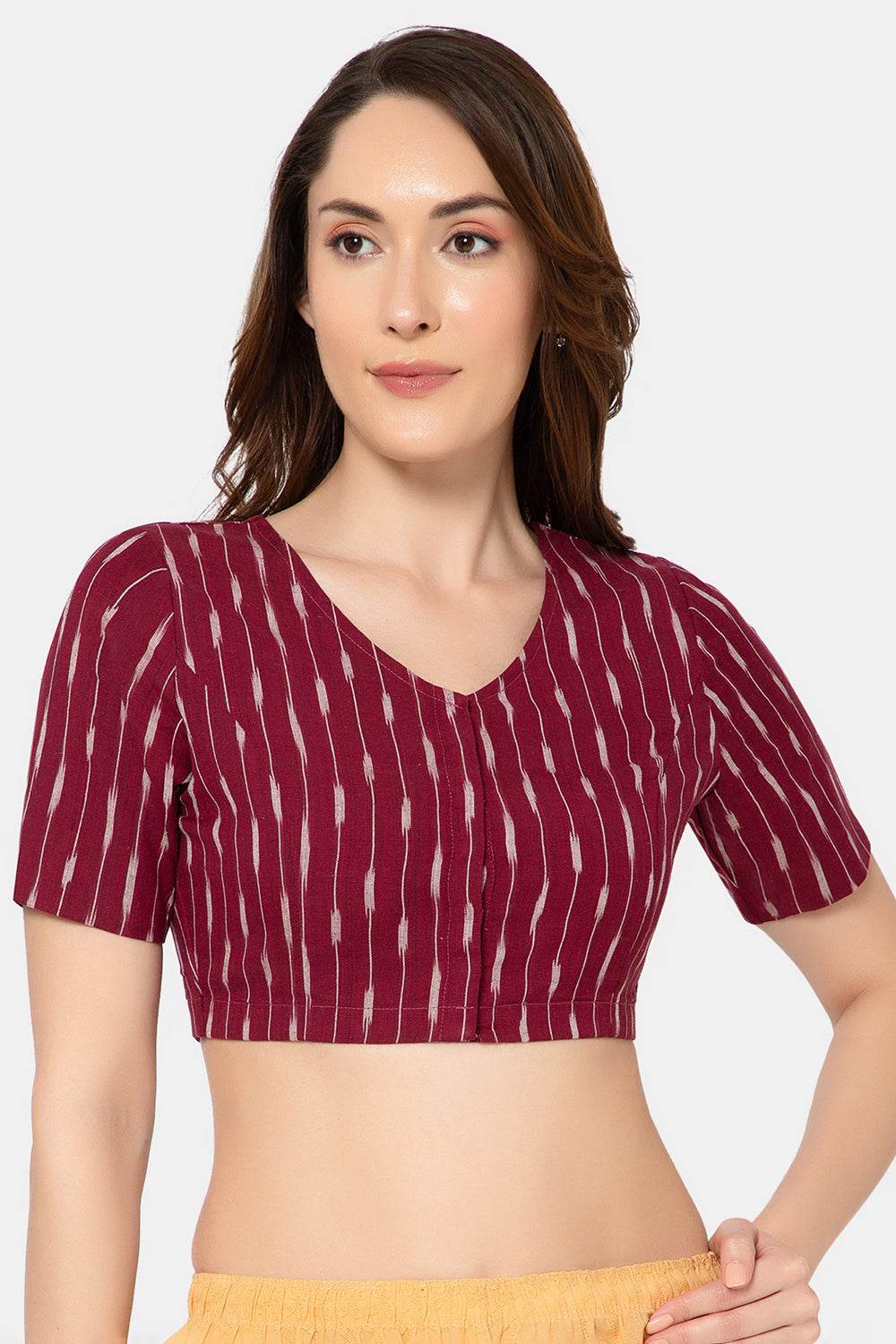 Naidu Hall Women’s Designer Cotton Ikat Blouse V-Neck Front Open with Elbow Sleeves - Maroon - BU16 - Naidu Hall Family Store